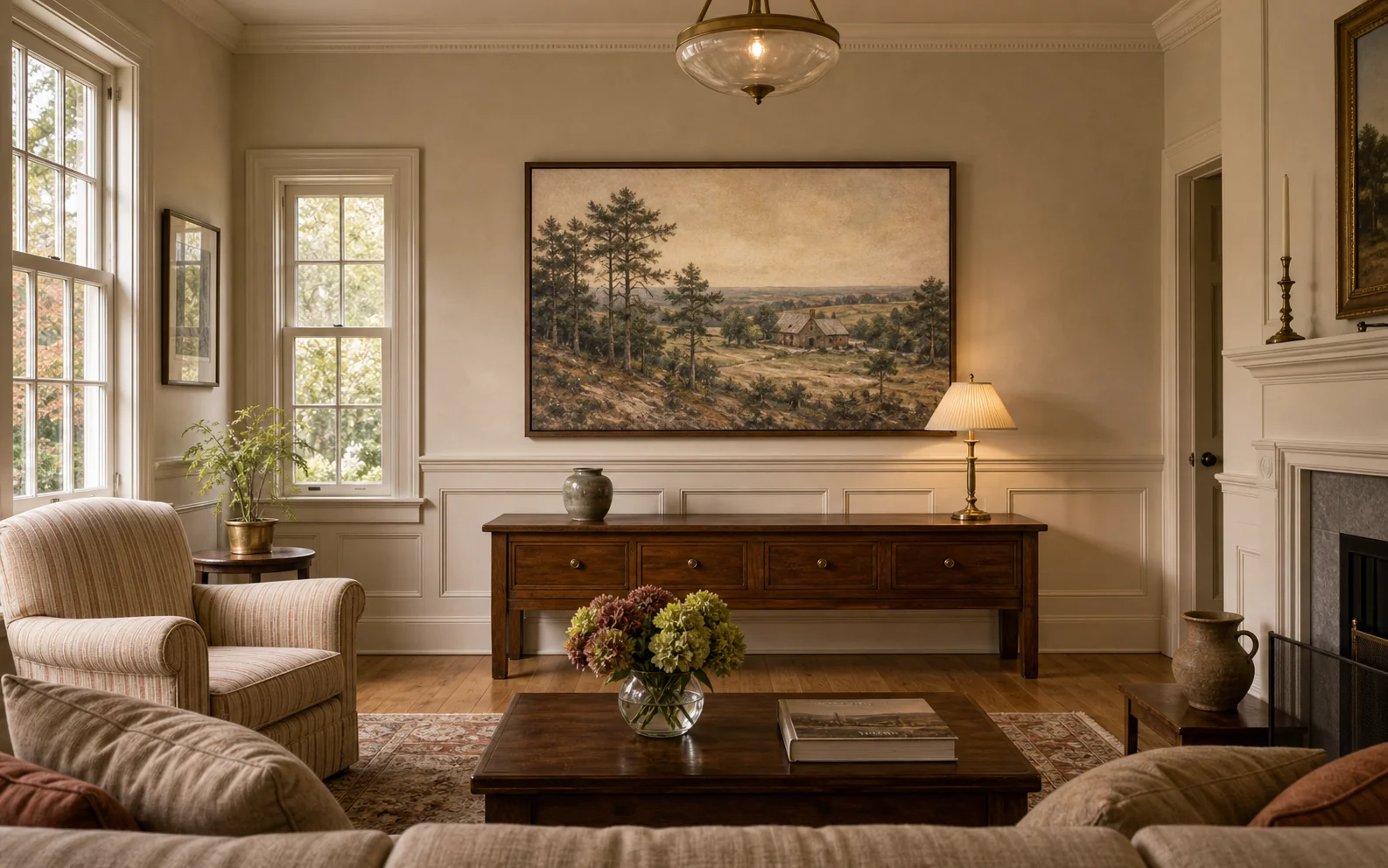 Mill Pond Colonial Revival living room with a Samsung Frame TV mounted flush on a softly painted plaster wall above a console table, Beveled walnut bezel matched to traditional millwork