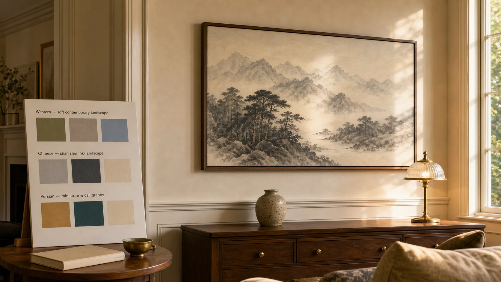 Bayview Hill formal living room with a Samsung Frame TV in Art Mode displaying a Chinese ink-landscape painting, foam-core curation board showing Western, Chinese, and Persian palette references
