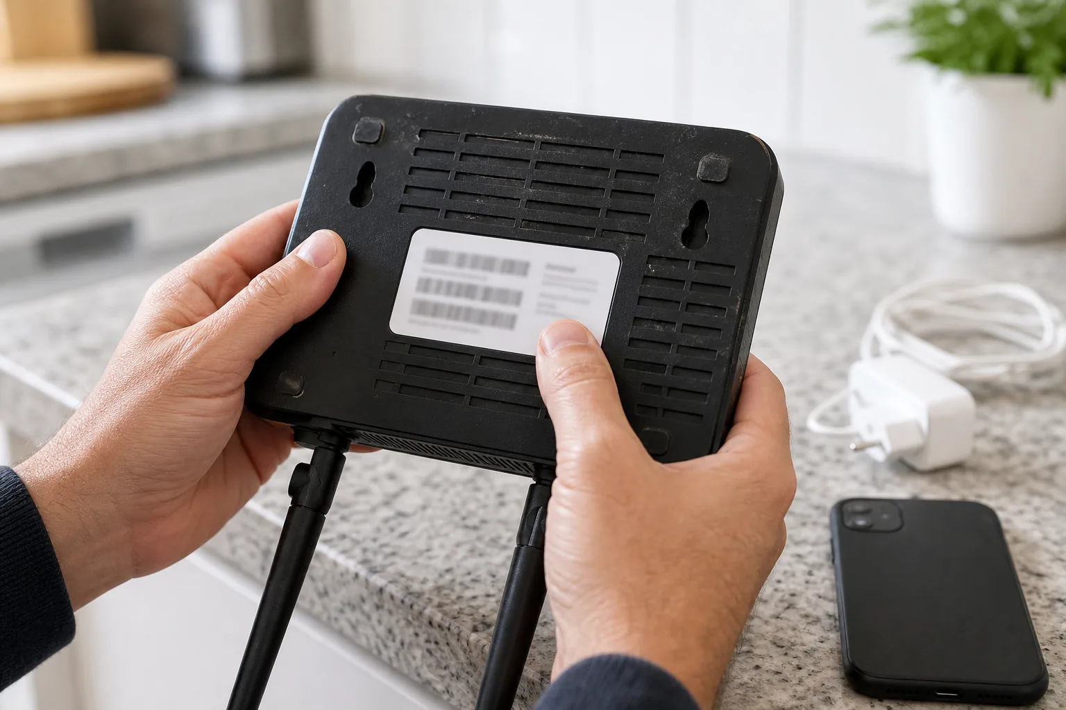 Hands turning over a consumer Wi-Fi router to check the model and hardware version on its underside label