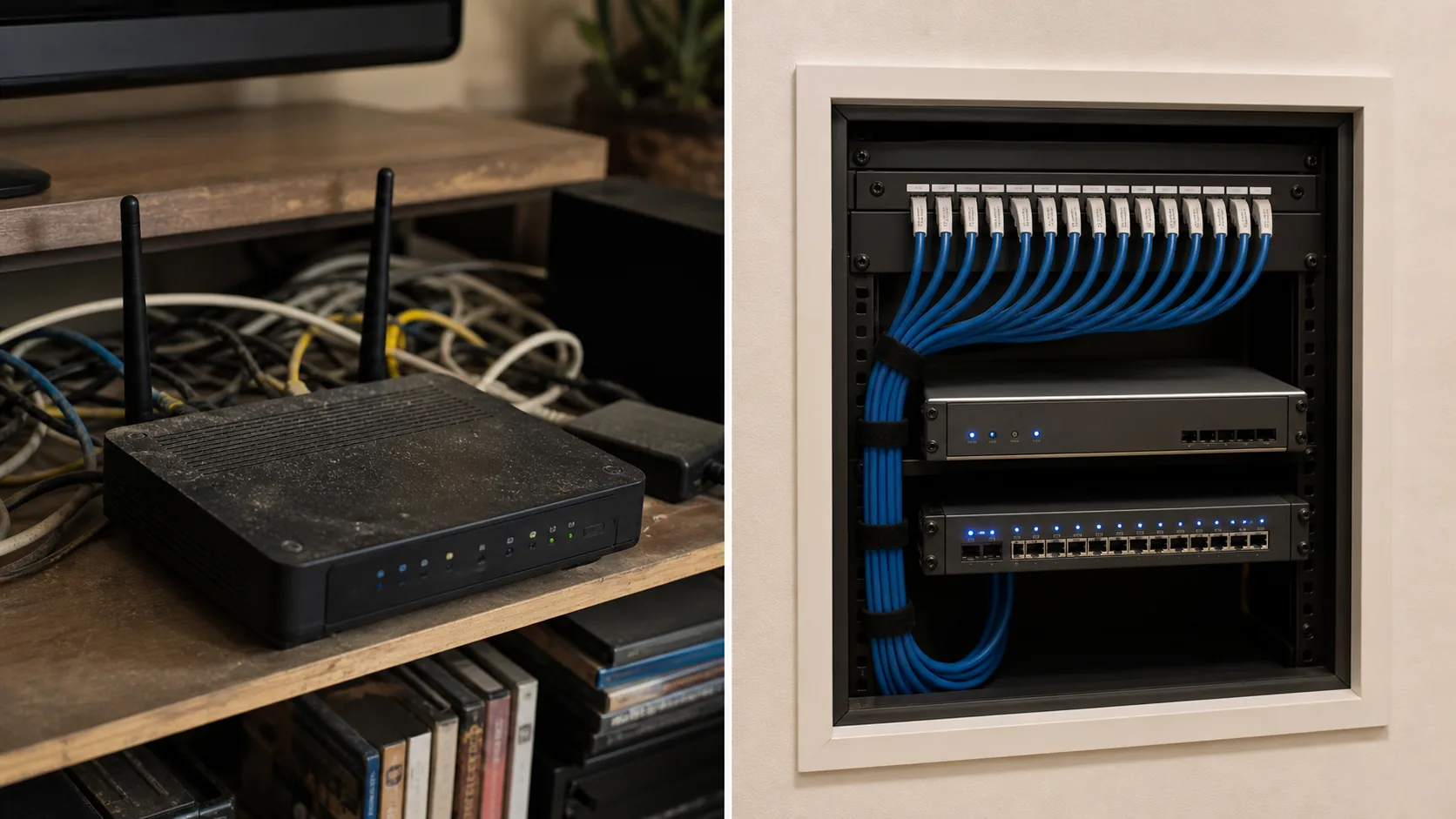 Two-panel comparison - a dusty consumer router on a shelf on the left, and a managed gateway with PoE switch and labelled patch panel in a structured wiring enclosure on the right