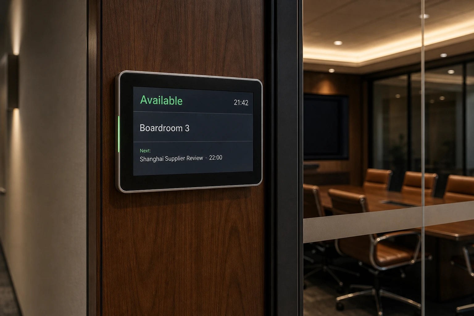 Wall-mounted room-scheduling panel on a glass-fronted boardroom door in a Commerce Valley Markham tech-corridor office showing 'Available — Next: 22:00 Shanghai Supplier Review' in clean sans-serif type, the boardroom visible through the glass