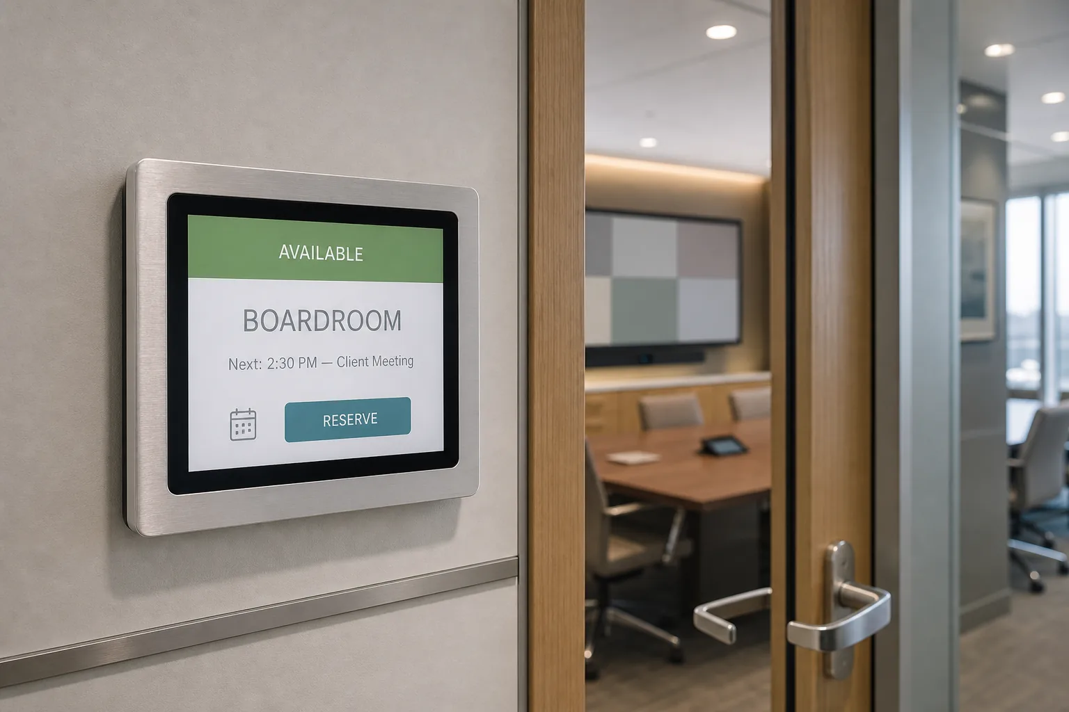 Logitech Tap Scheduler or Evoko Liso scheduling panel mounted beside a boardroom door in a Richmond Hill professional office showing Available, Next 2:30 PM Client Meeting