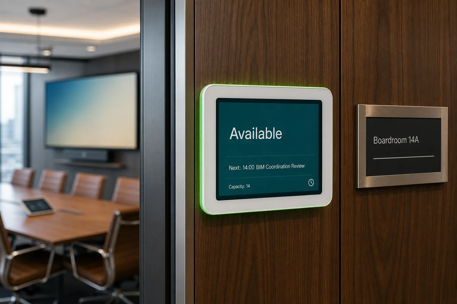 Wall-mounted room-scheduling panel on a glass-fronted boardroom door in a Vaughan Metropolitan Centre Class-A office tower showing Available — Next 14:00 BIM Coordination Review