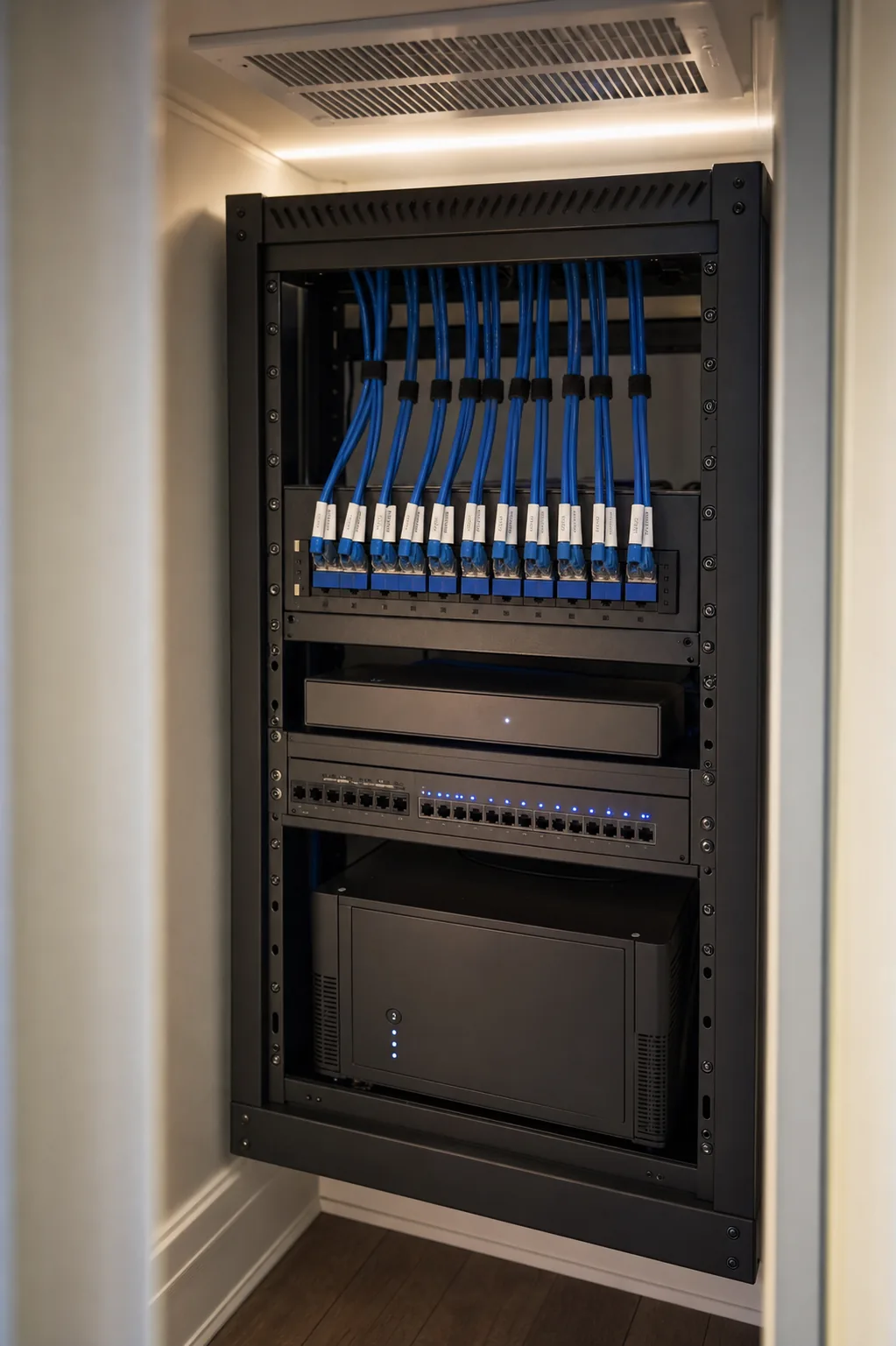 Professionally installed home network rack in a GTA home with gateway firewall, PoE switch, and labelled patch panel, every cable dressed with Velcro loom