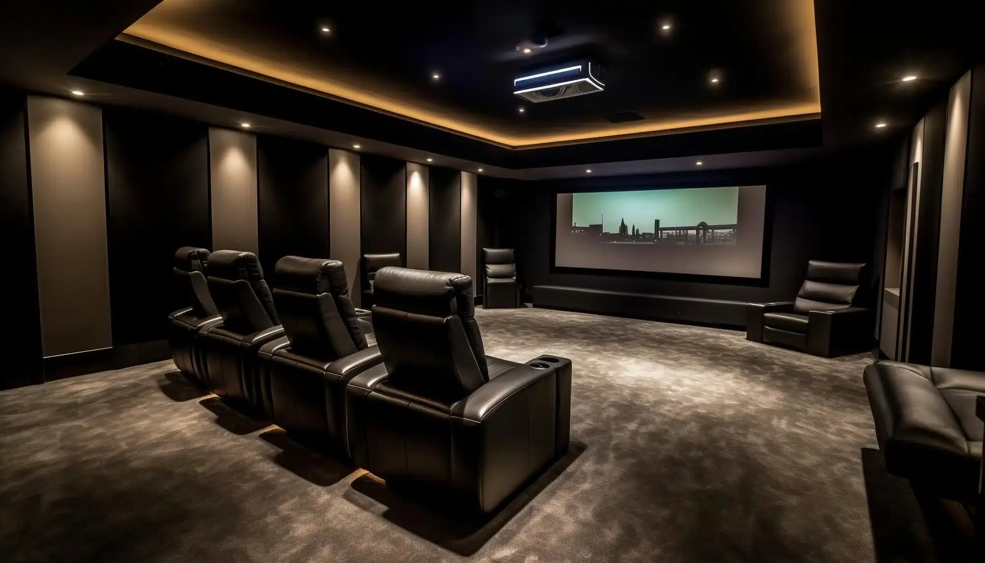 Dedicated home theatre cinema room with 4K projection, fixed-frame screen and 7.1.4 Dolby Atmos surround — Richmond Hill, SetupTeam