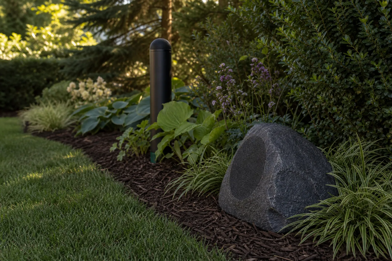 Sonance Landscape Series rock and bollard speakers blended into a Toronto backyard planting bed