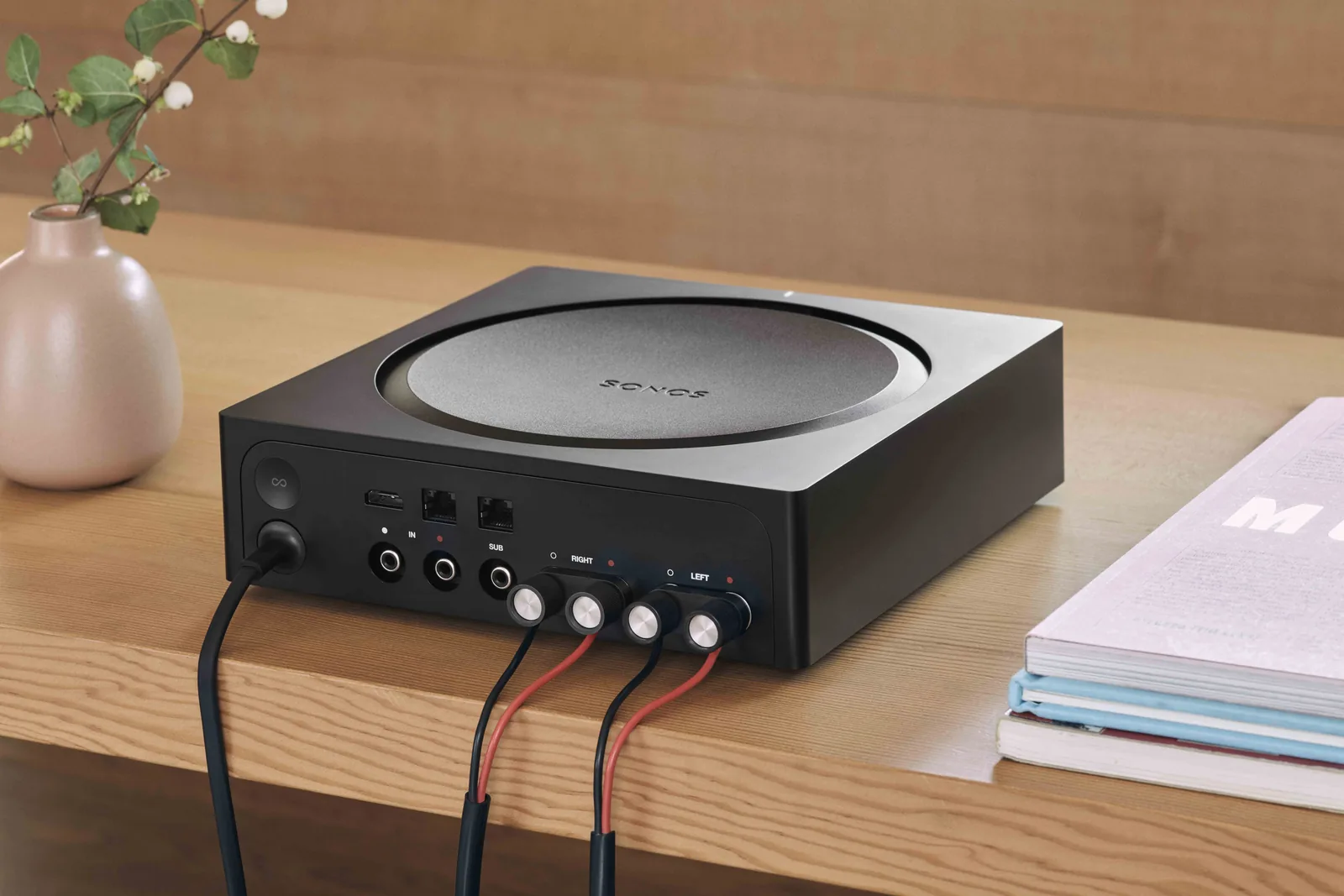 Rear panel of a Sonos Amp showing speaker wire connections