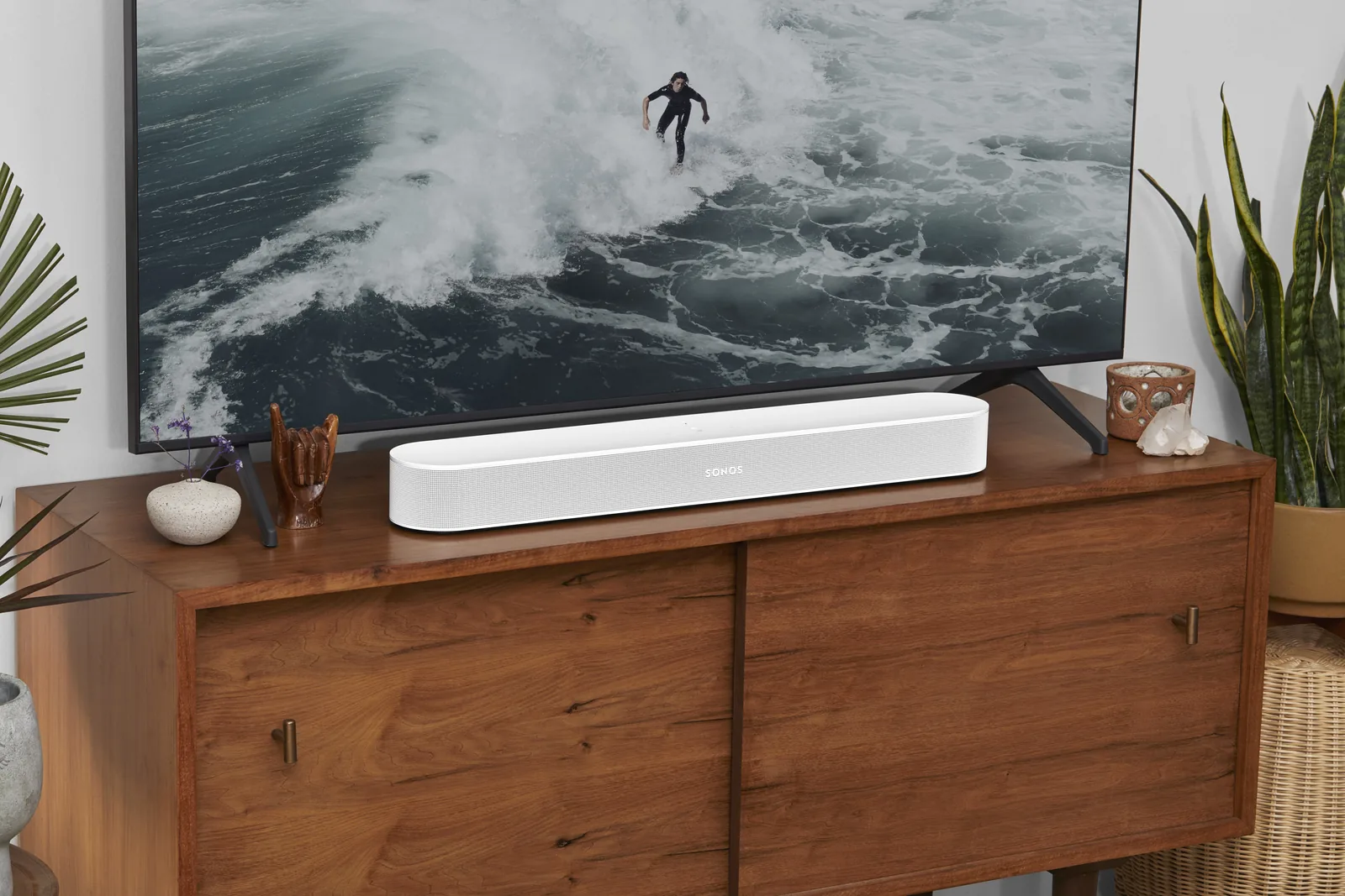 Sonos Beam (Gen 2) soundbar in white on a TV console