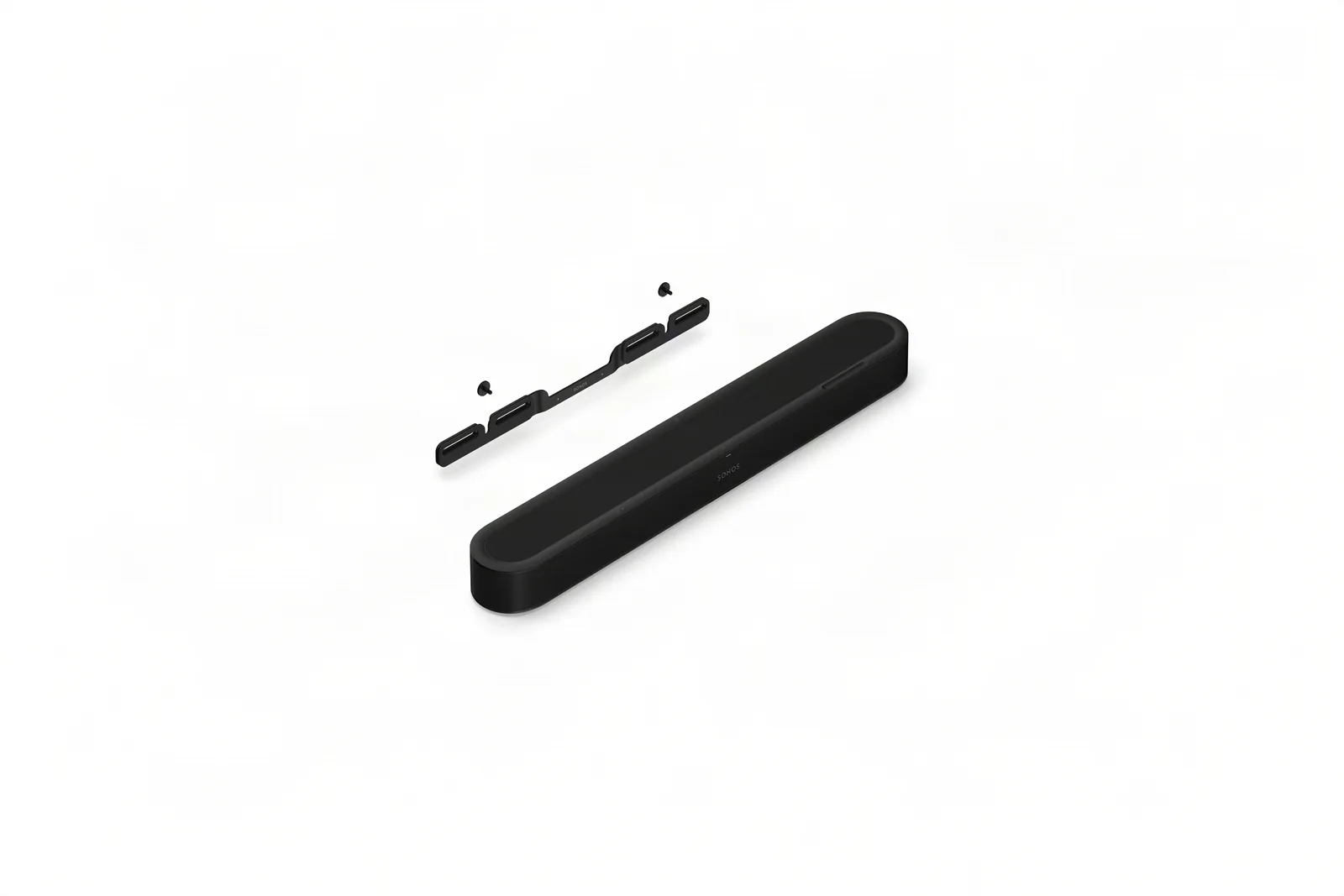 Sonos Beam Ultra in black beside its wall mount bracket and screws