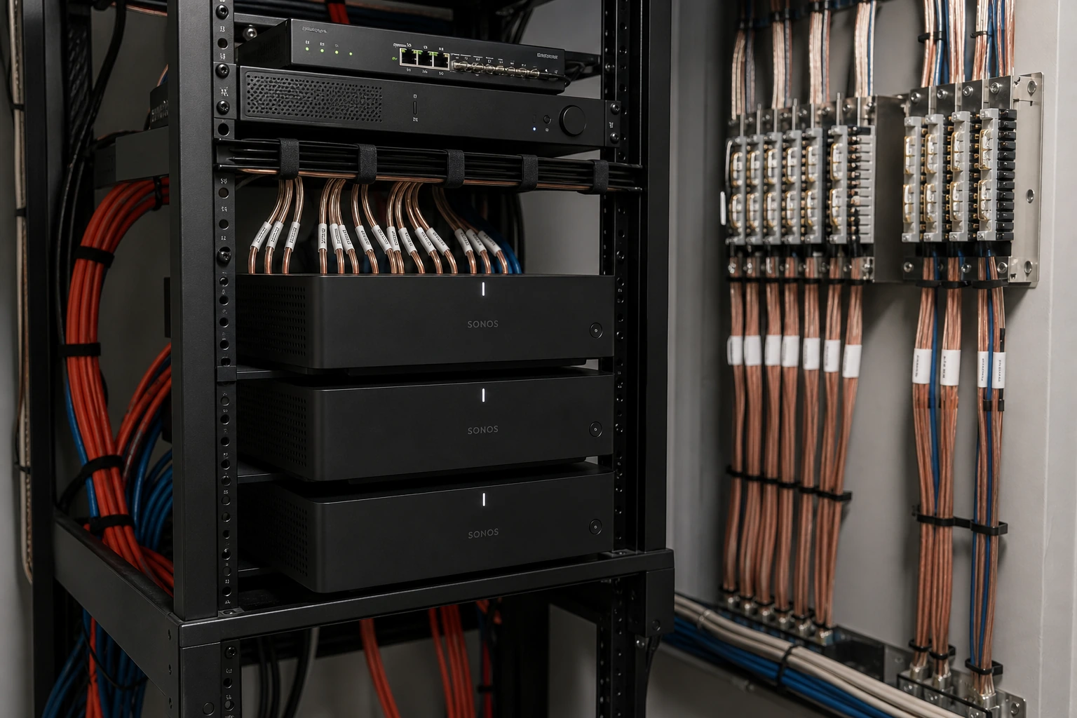 Sonos Amp rack inside an Edenbridge-Humber Valley estate home basement closet &mdash; three Sonos Amps stacked in a rack feeding multiple in-ceiling Sonance zones, labelled cabling dressed cleanly, network switch and Control4 controller mounted above the Amps