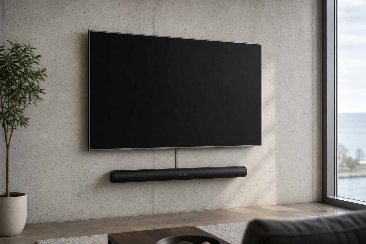 Sonos Arc Ultra wall-mounted below a 75-inch TV on the poured-concrete interior demising wall of a Humber Bay Shores Etobicoke condo, with the lake-facing window-wall and floor-to-ceiling glass to the side of frame