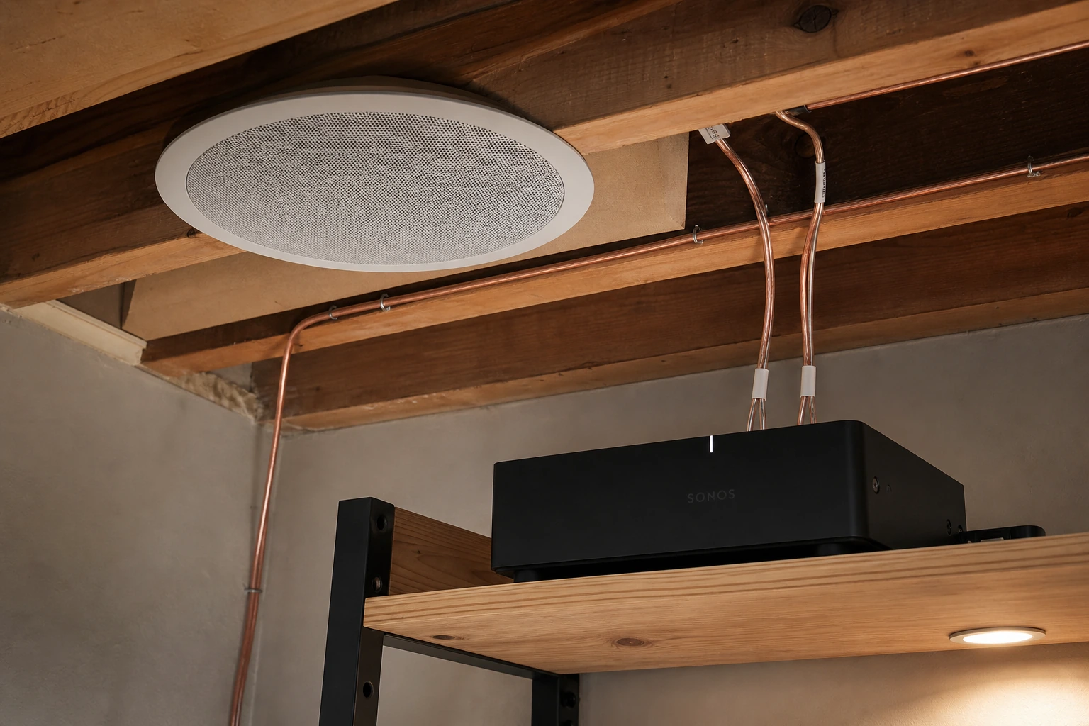 Detail of a Sonos Amp installed on a rack shelf in a Kingsway Tudor home, feeding flush-mounted Sonance in-ceiling speakers above &mdash; exposed structural 9 to 12 inch ceiling joists overhead, dressed speaker wire visible