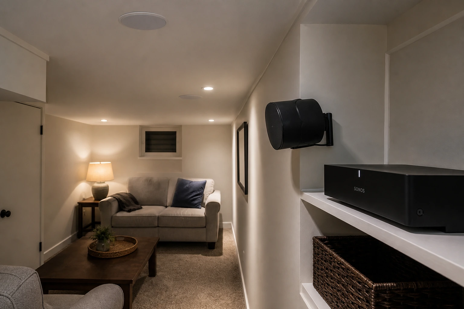 Finished basement in a 1940s Mimico Etobicoke detached home with a 7-foot ceiling &mdash; shallow-mount Sonance in-ceiling speakers flush to the drywall, Sonos Amp on a low shelf, Sonos Era 300 on the side wall, narrow basement layout typical of Lake Shore strip-pattern lots