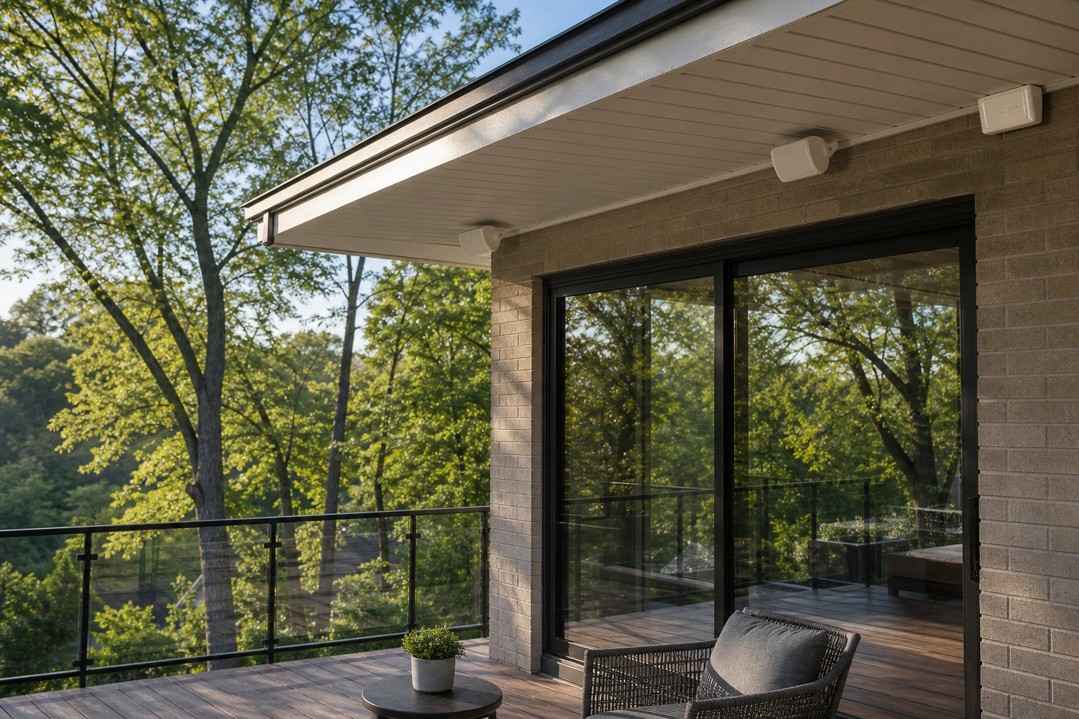 Outdoor Sonance speakers tucked into the soffit over a Sunnylea Etobicoke rear deck, Humber Valley ravine and mature trees in soft focus behind &mdash; small directional Wi-Fi access point on the eave, walkout sliding doors below