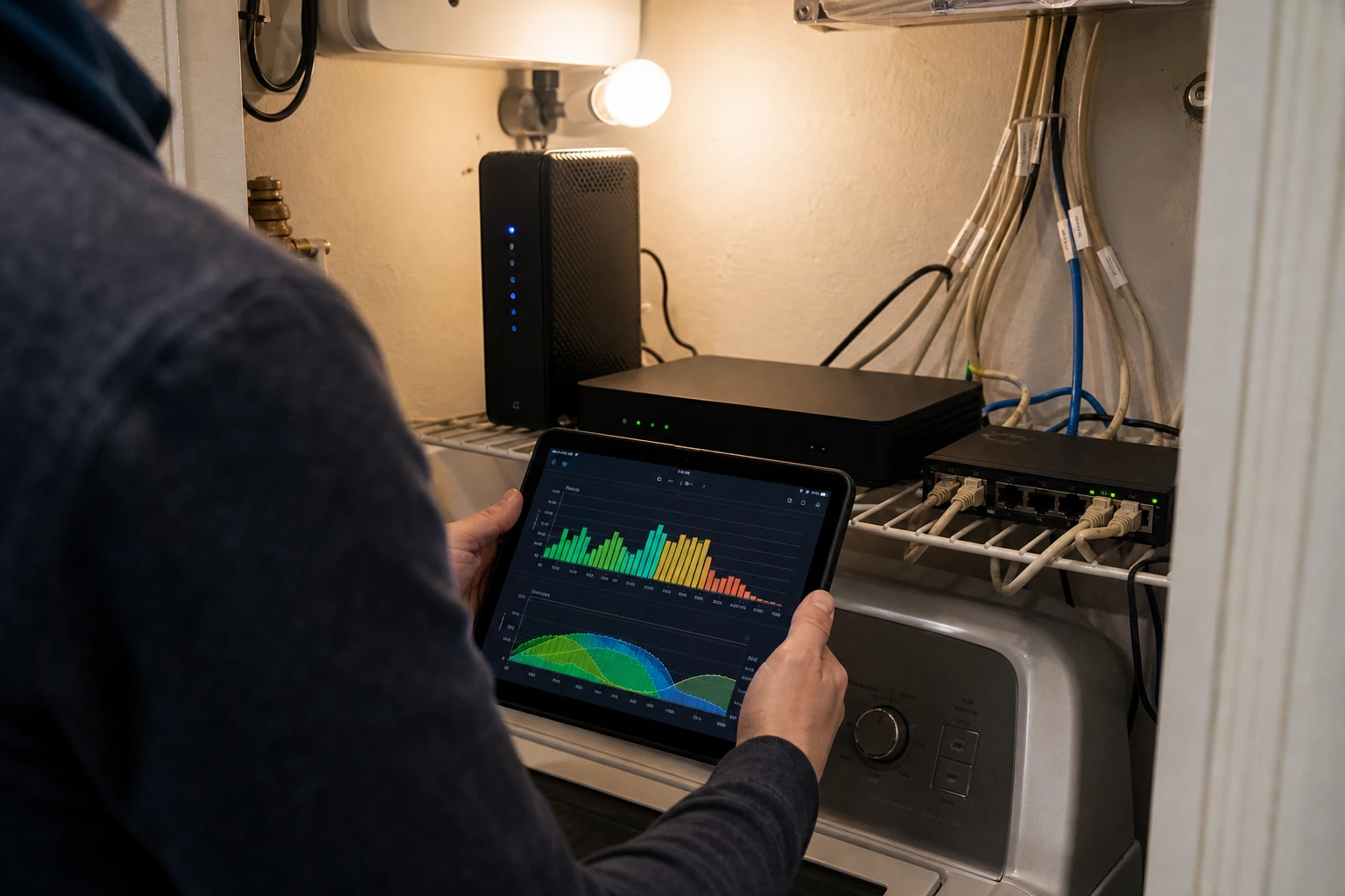 SetupTeam technician with a Wi-Fi analyser on a tablet, troubleshooting a Sonos multi-room dropout next to a Rogers Ignite XB7 gateway and a Bell Pure Fibre Giga Hub in an Etobicoke utility closet