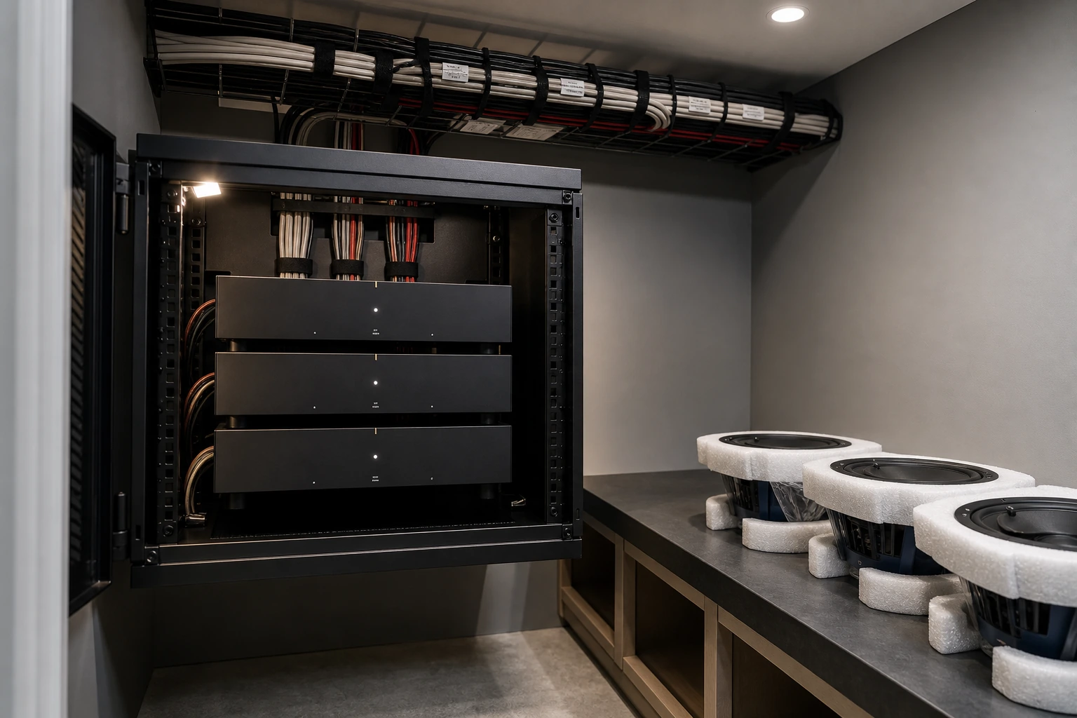 Sonos Amp installed inside an AV rack in a Banbury-Don Mills home, feeding in-ceiling and outdoor speakers