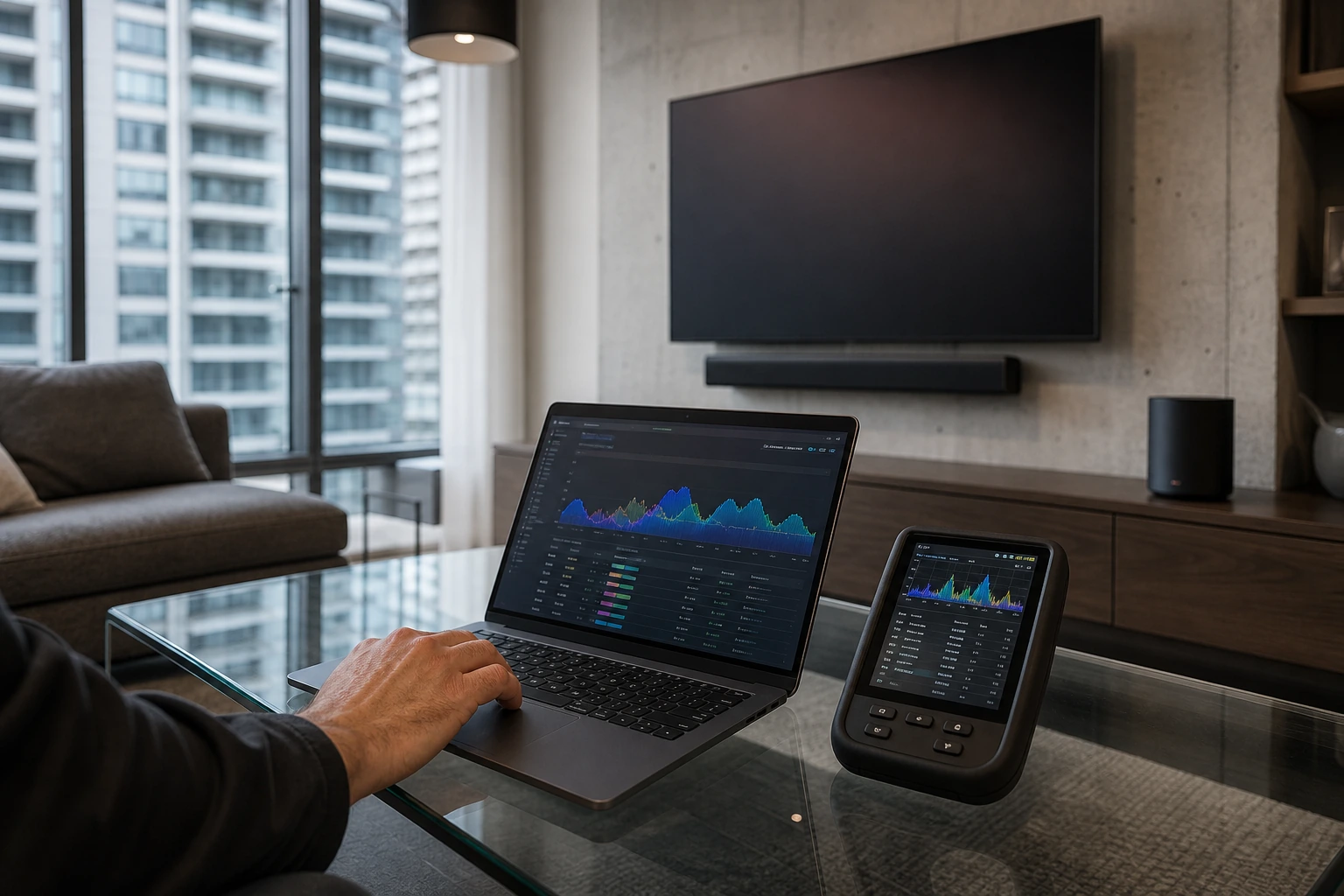 Sonos repair visit in a Yonge corridor North York condo with technician using a Wi-Fi analyser to troubleshoot a multi-room dropout