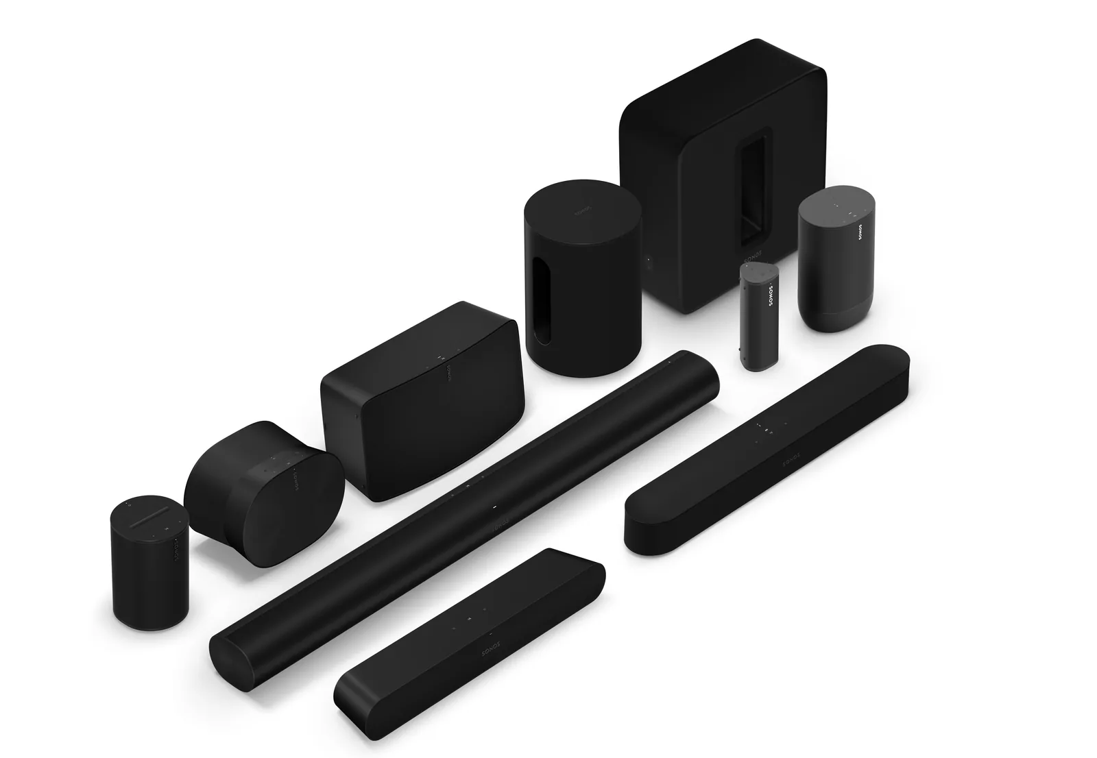 Lineup of Sonos speakers and soundbars in black