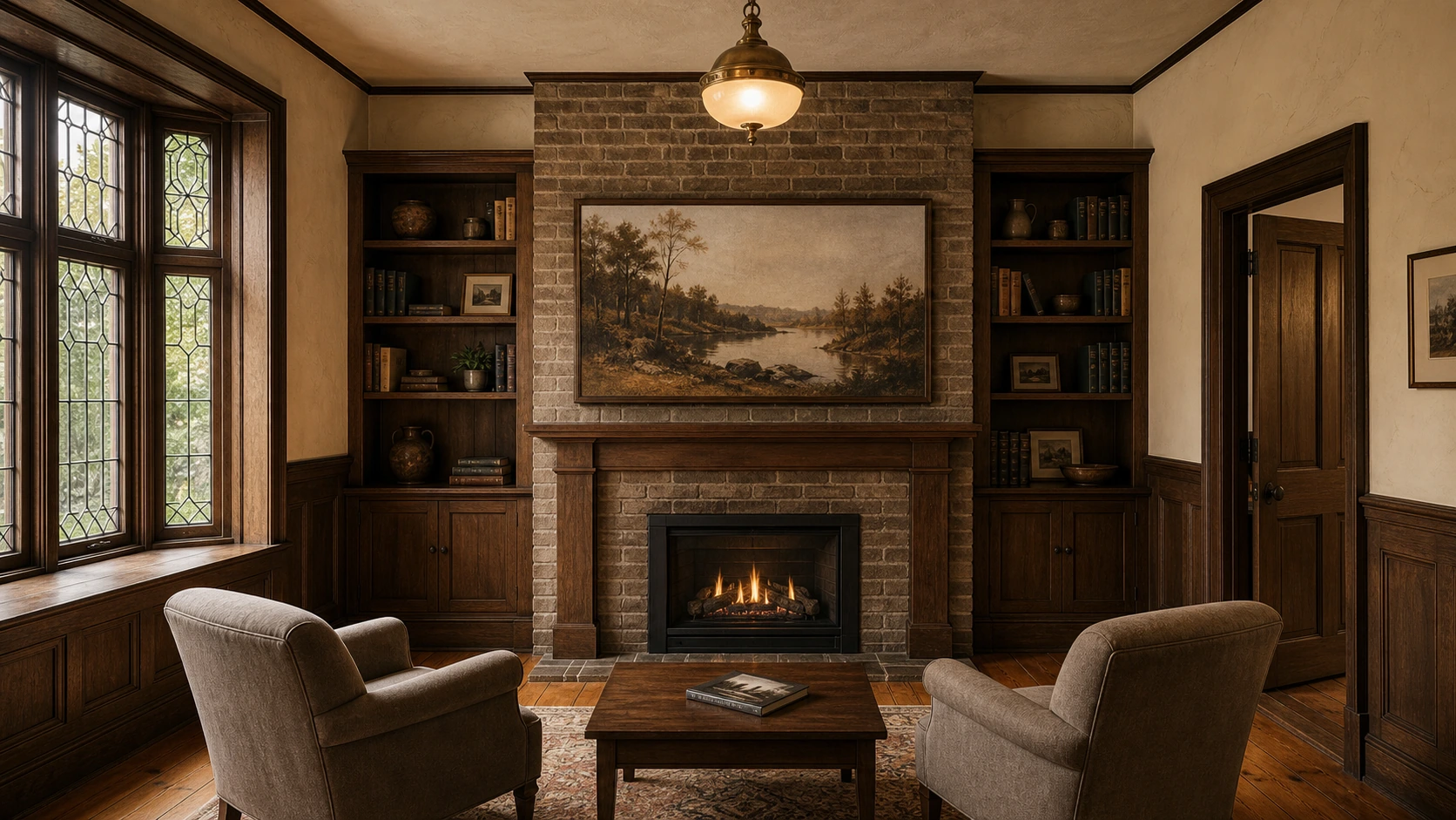 Streetsville Queen Street S heritage parlour with original gumwood wainscotting, original plaster walls, an original masonry fireplace, and a 55-inch Samsung Frame TV mounted flush above the mantel with a Beveled walnut bezel, Art Mode showing a soft 19th-century Ontario landscape painting