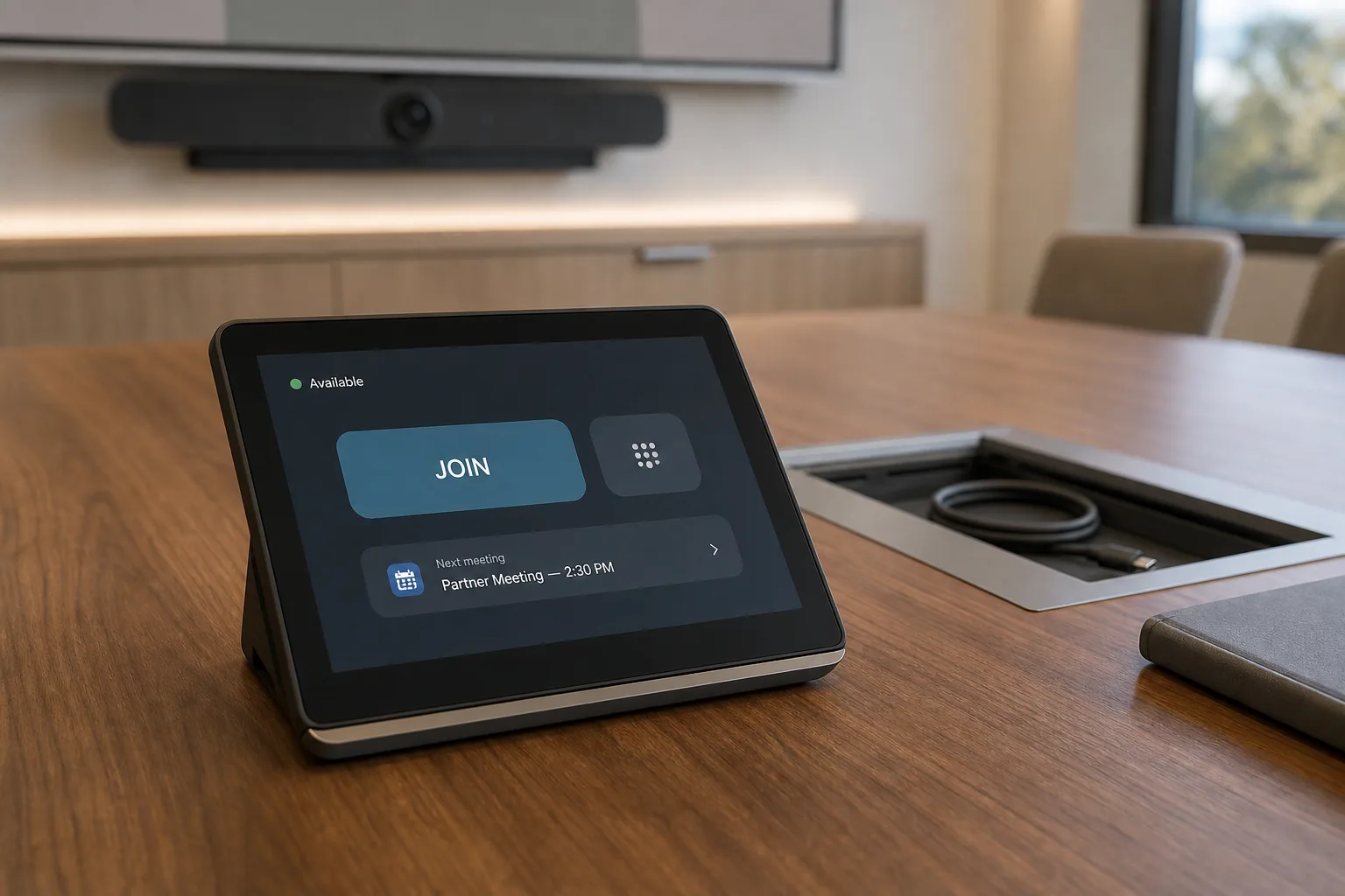 Close-up of a Tap IP or Poly TC10 room controller on a walnut conference table showing a clean Microsoft Teams Rooms home screen with a single tap-to-join button