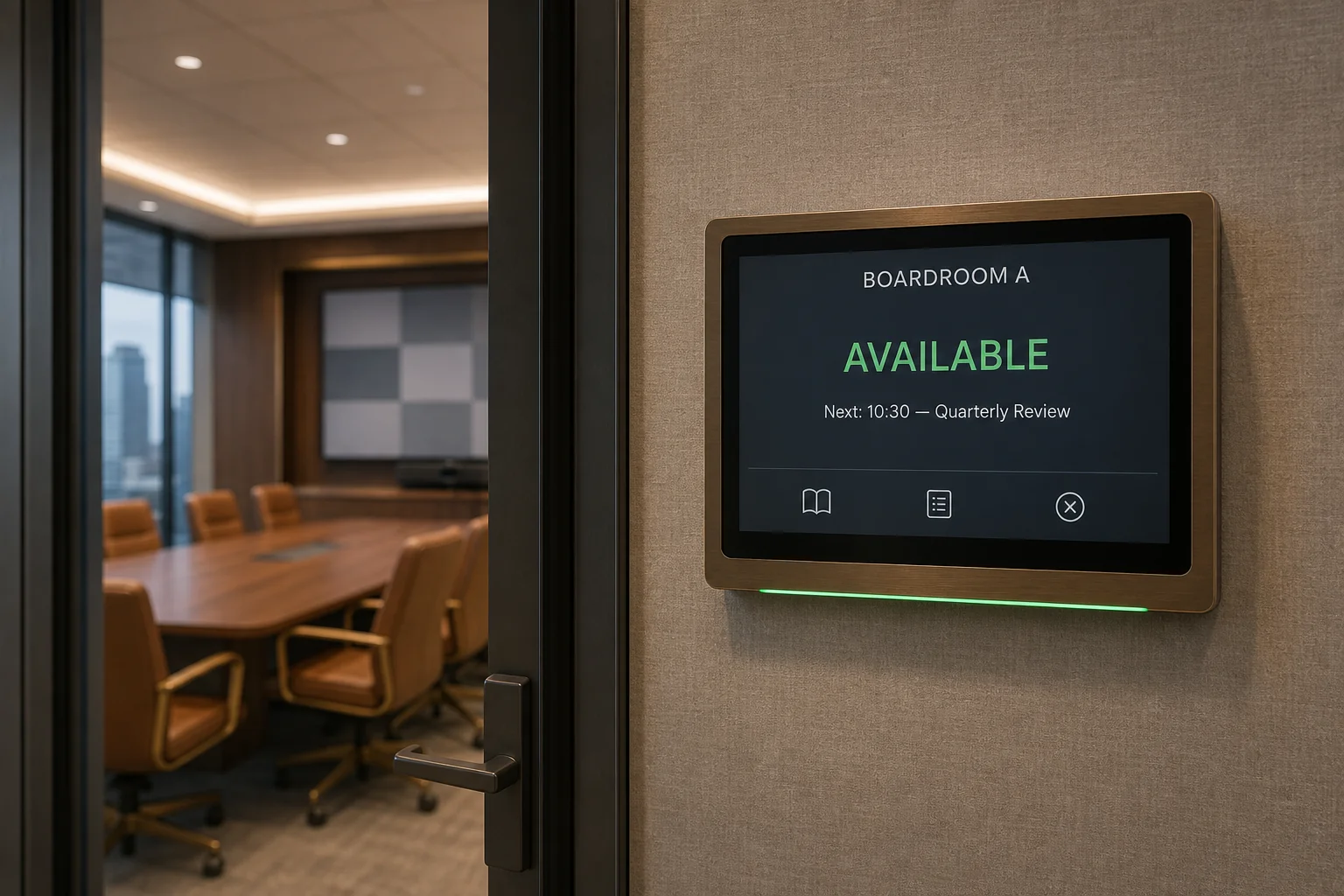Logitech Tap Scheduler or Evoko Liso scheduling panel mounted on a glass-fronted boardroom door in a Mississauga Executive Centre tower with the brushed-metal panel showing 'Available — Next: 10:30 Quarterly Review' in clean sans-serif type, the boardroom visible through the glass