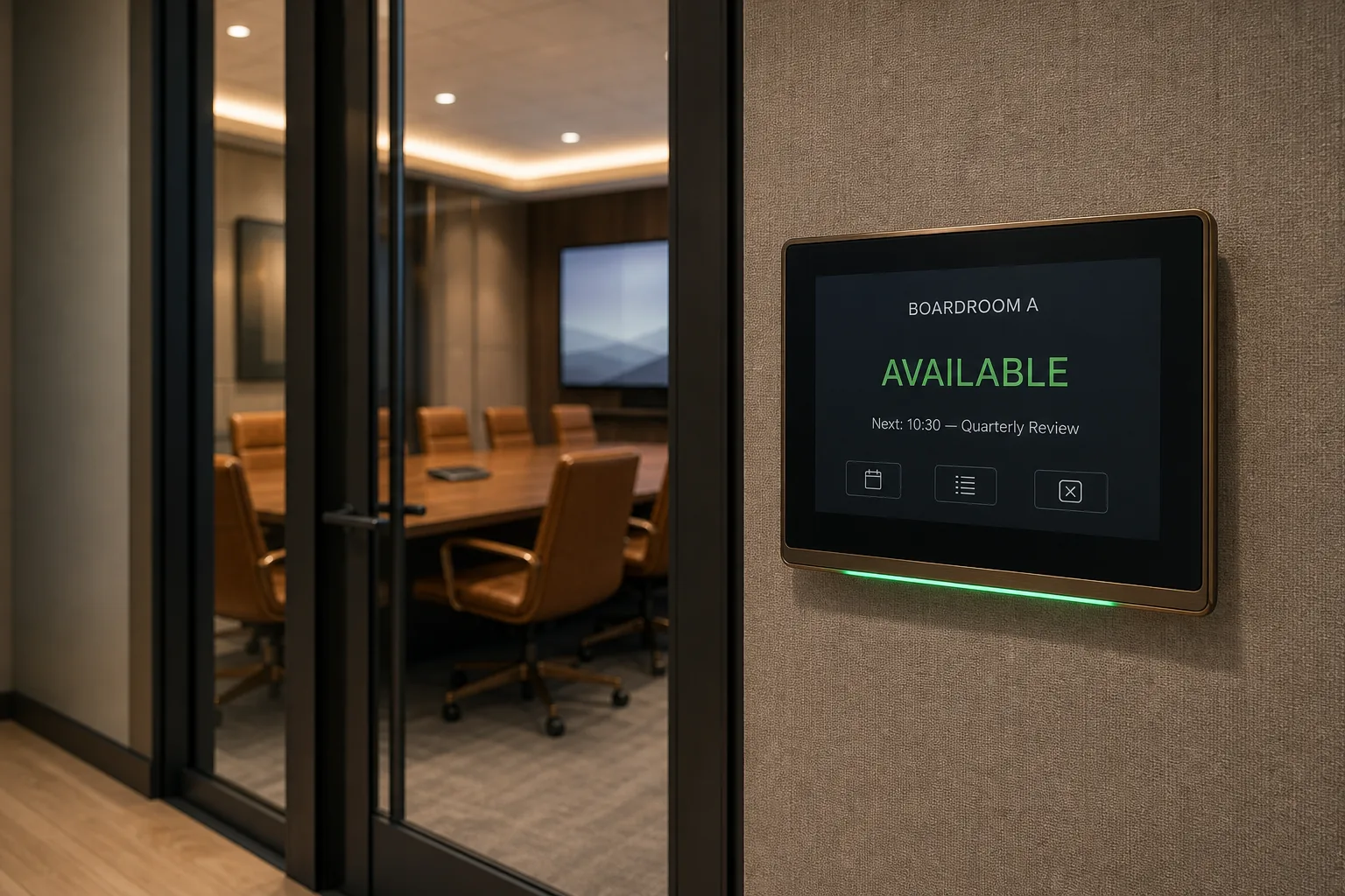 Logitech Tap Scheduler or Evoko Liso scheduling panel mounted on a glass-fronted boardroom door with the brushed-metal panel showing 'Available — Next: 10:30 Quarterly Review' in clean sans-serif type, the boardroom visible through the glass