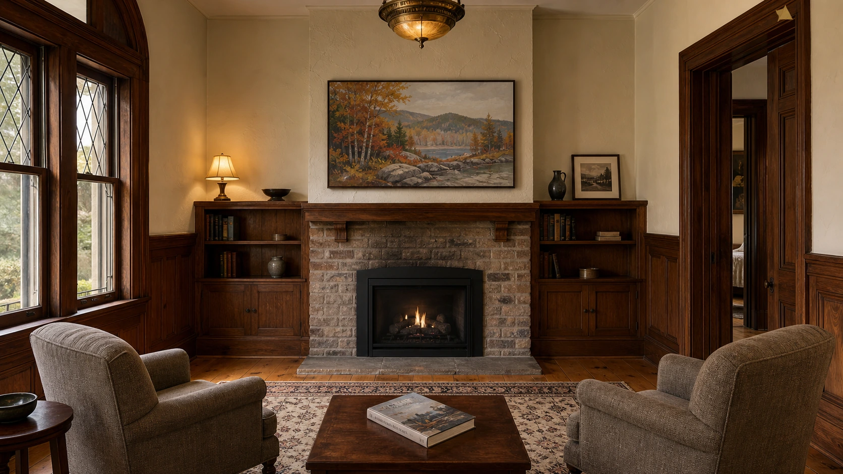 Thornhill-Vaughan Heritage Conservation District heritage parlour interior with original gumwood wainscotting, original plaster walls, an original masonry fireplace, and a 55-inch Samsung Frame TV mounted flush above the mantel with a Beveled walnut bezel, Art Mode showing a quiet J.E.H. MacDonald-influenced Algoma autumn landscape, layered warm 2700K interior light