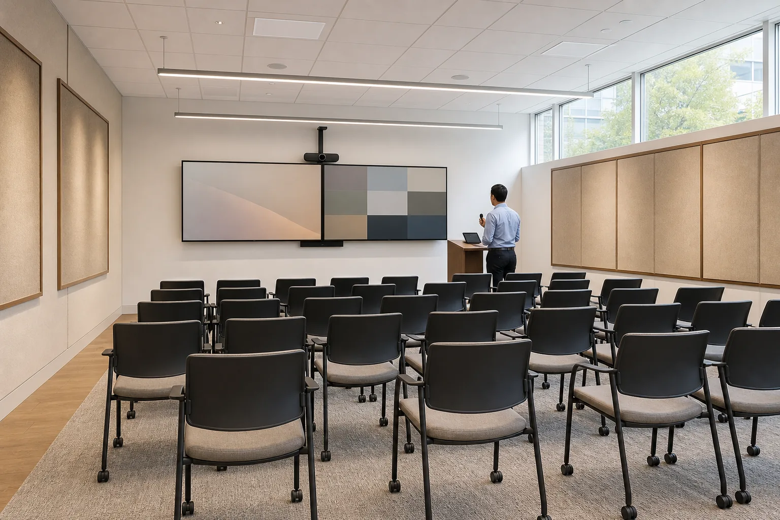 Training room in a Don Mills office with dual 86-inch landscape displays at the front of the room, classroom-style seating for twenty-four, a presenter standing at a lectern with a Poly Studio E70 audience camera mounted above the displays, fabric-wrapped acoustic panels on the side walls