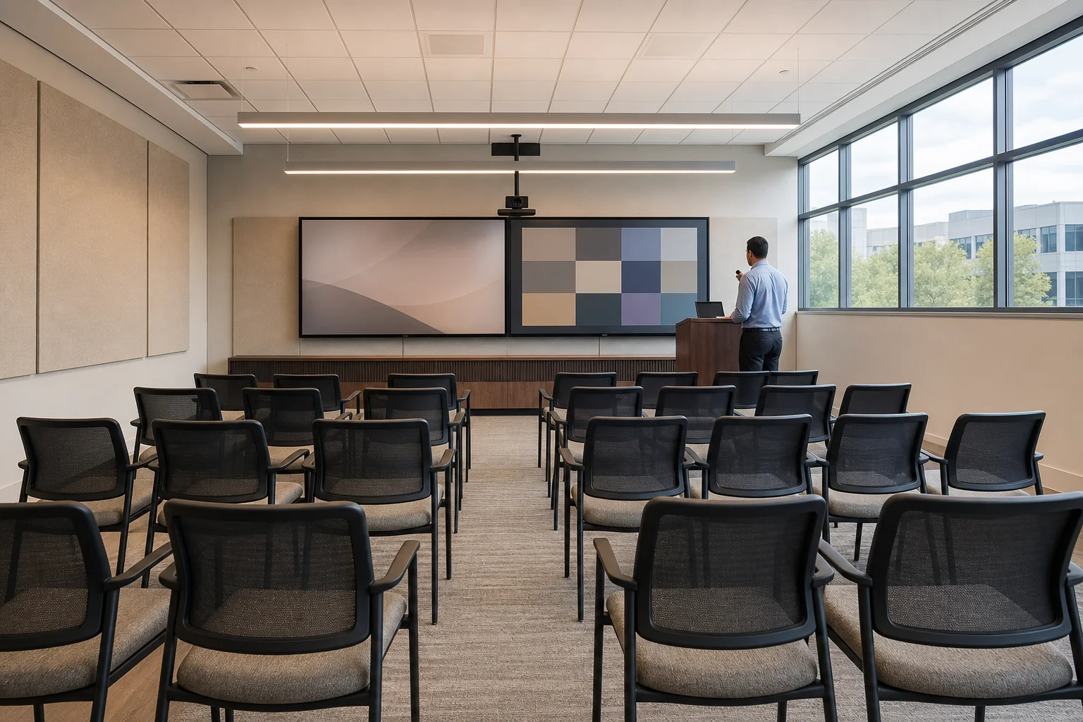 Training room in a Meadowvale Business Park Mississauga office with dual 86-inch landscape displays at the front of the room, classroom-style seating for twenty-four, a presenter standing at a lectern with a Poly Studio E70 audience camera mounted above the displays, fabric-wrapped acoustic panels on the side walls