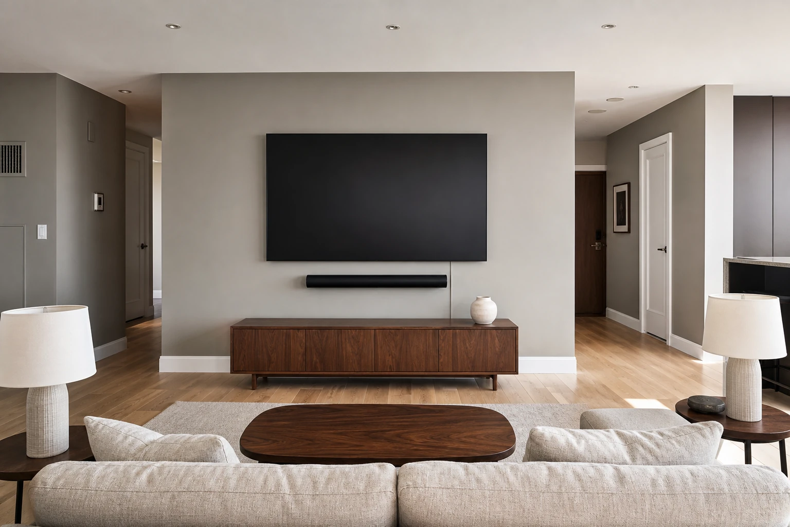 Wall-mounted TV on the interior partition wall of a Humber Bay Shores tower living room in Etobicoke, with the lake-facing window-wall behind, painted raceway concealing the cable run, soundbar mounted below