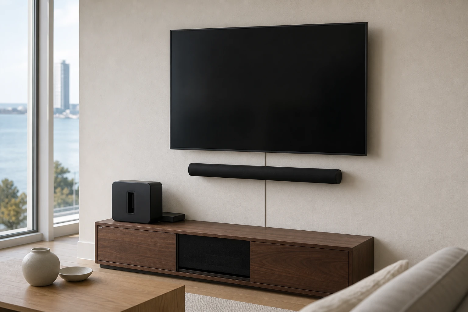 Detail shot of a 65-inch wall-mounted TV on the interior poured-concrete demising wall of a Humber Bay Shores Etobicoke condo, painted raceway concealing power and HDMI runs to a media console below