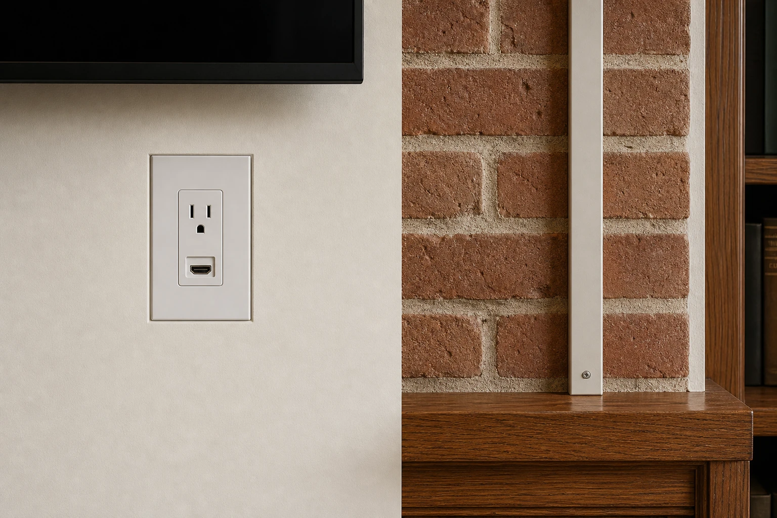 Close-up of in-wall power kit and recessed outlet behind a wall-mounted TV in an Etobicoke home, alongside a parallel detail of a painted surface raceway on a brick wall for cable concealment comparison