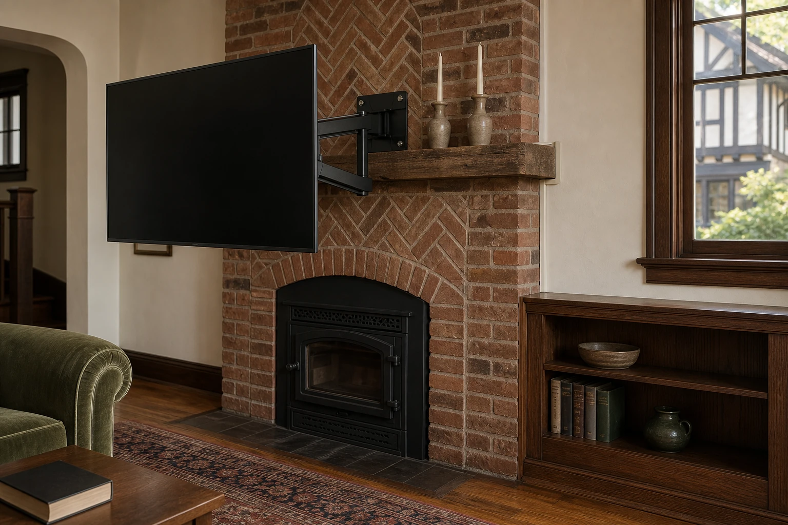 Pull-down articulating TV mount installed above the original brick wood-burning fireplace of a 1930s Kingsway Tudor home in Etobicoke, masonry-anchored, cables routed inside a colour-matched raceway down to the millwork