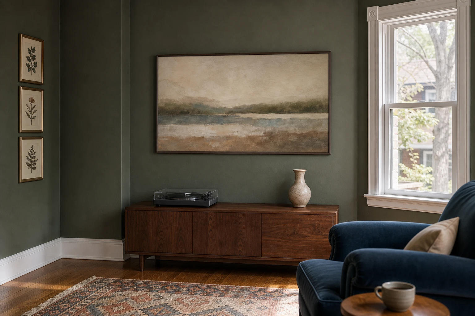 Samsung Frame TV in Art Mode mounted flush with no gap on the living-room wall of a Mimico Etobicoke 1940s detached home, Slim Fit mount, One Connect cable concealed inside the wall