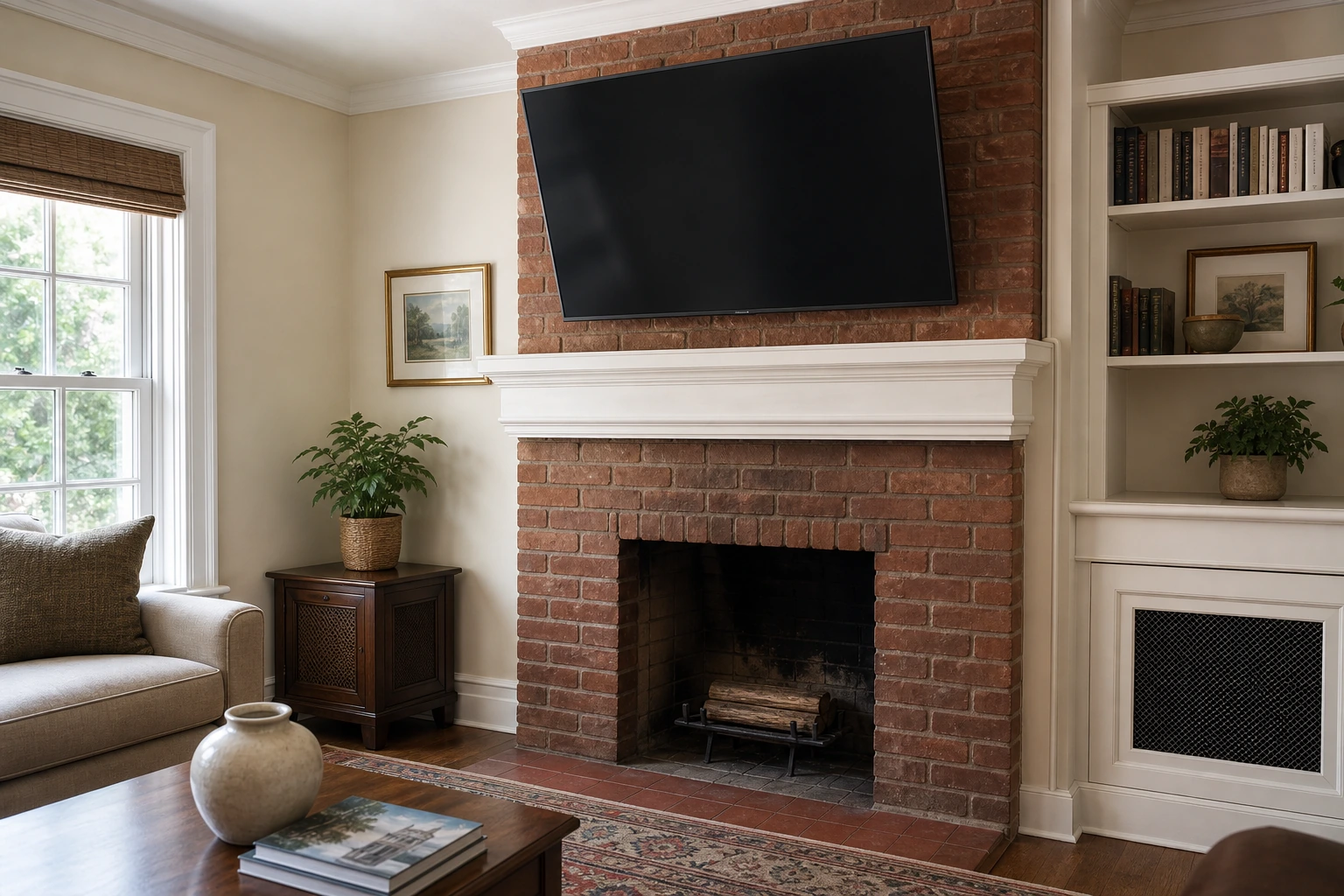 TV mounted above brick fireplace in Lawrence Park North home