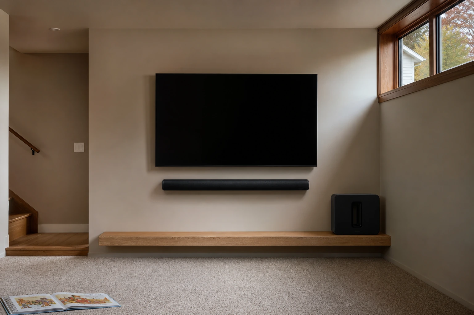 Wall-mounted Sonos Arc soundbar below TV in Bayview Village home