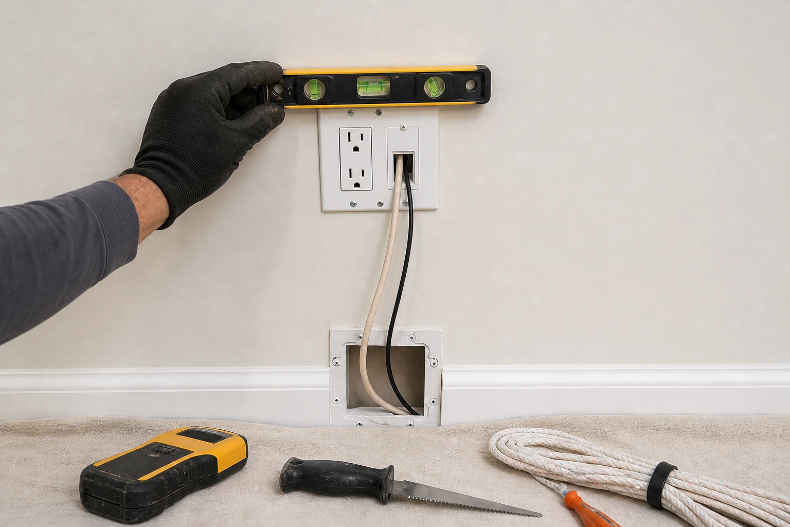 In-wall power kit installation behind wall-mounted TV in North York