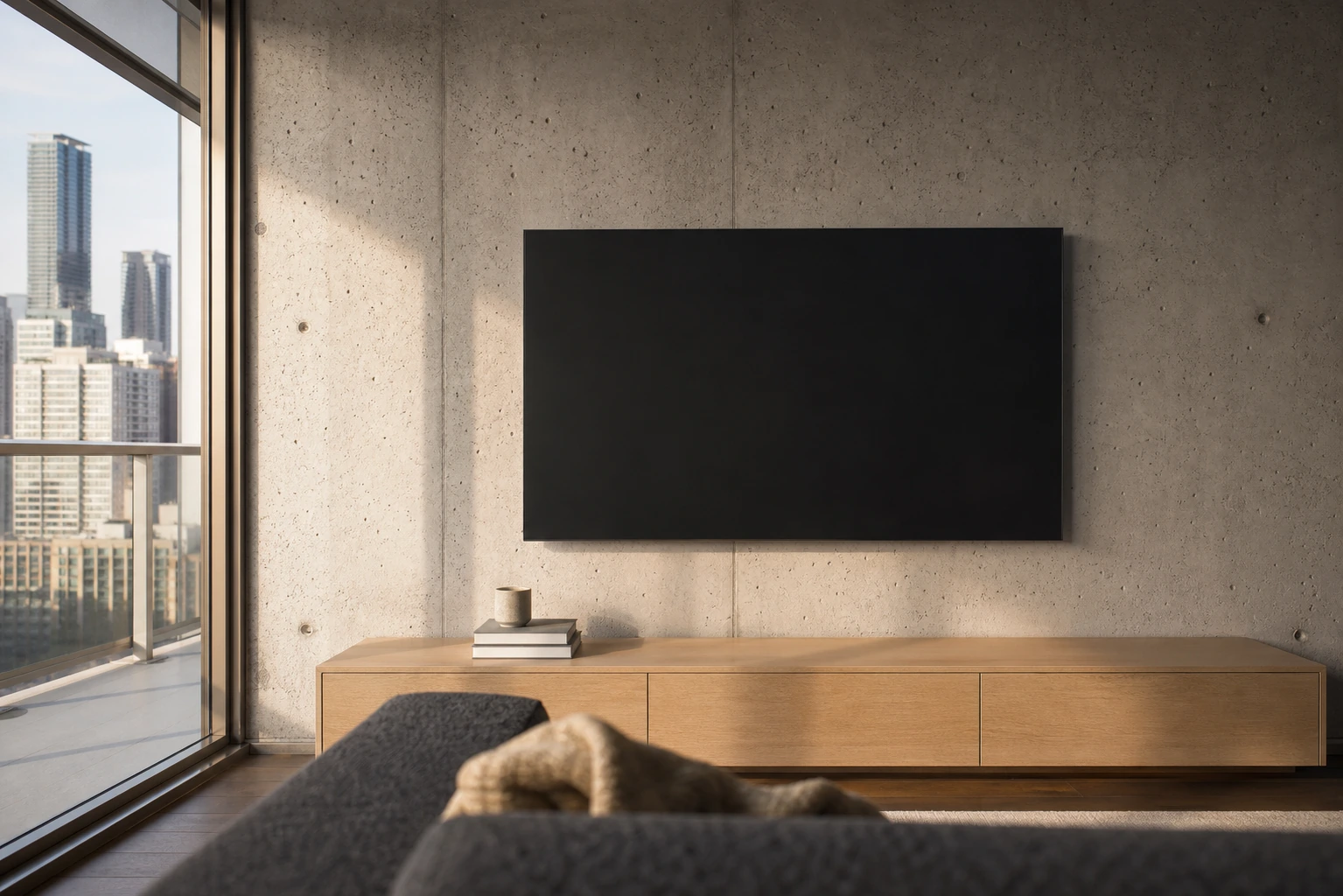 TV flush-mounted on poured-concrete wall in Willowdale condo