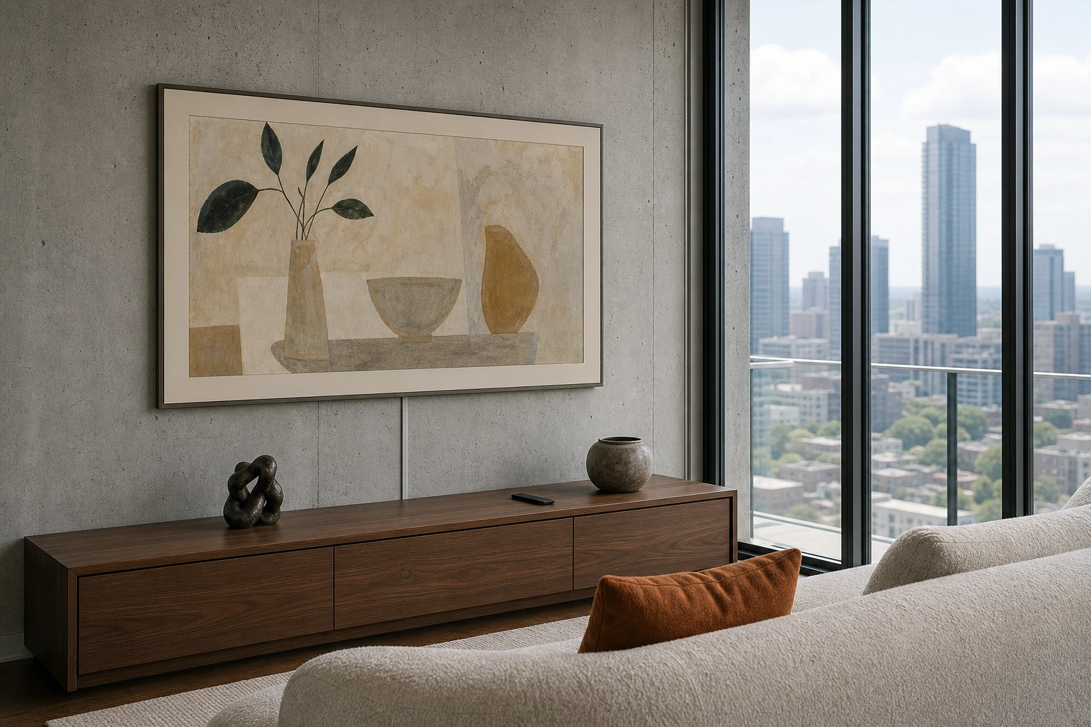 Samsung Frame TV installed on poured-concrete demising wall in Yonge & Sheppard condo, painted raceway hidden behind millwork