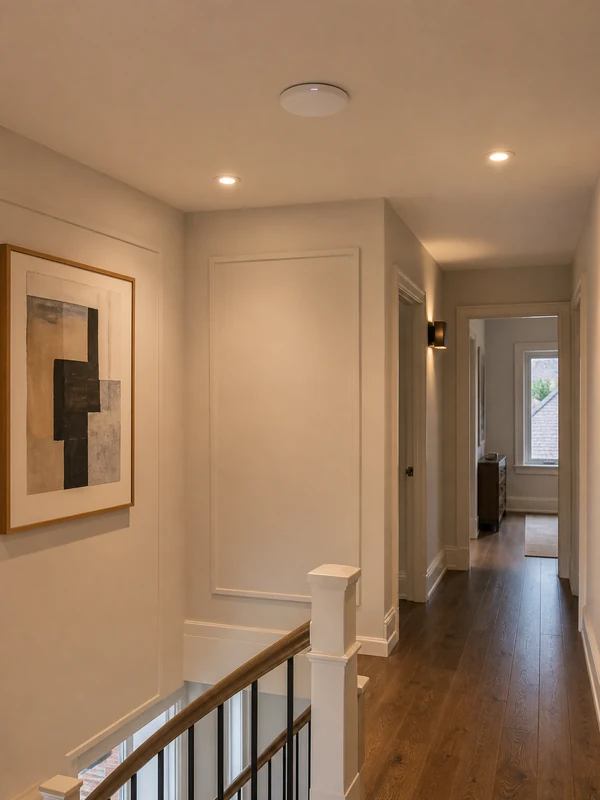Ceiling-mounted UniFi Wi-Fi access point on the second-floor stair landing of a Markham home with painted millwork walls, hardwood floor, and warm sconce lighting