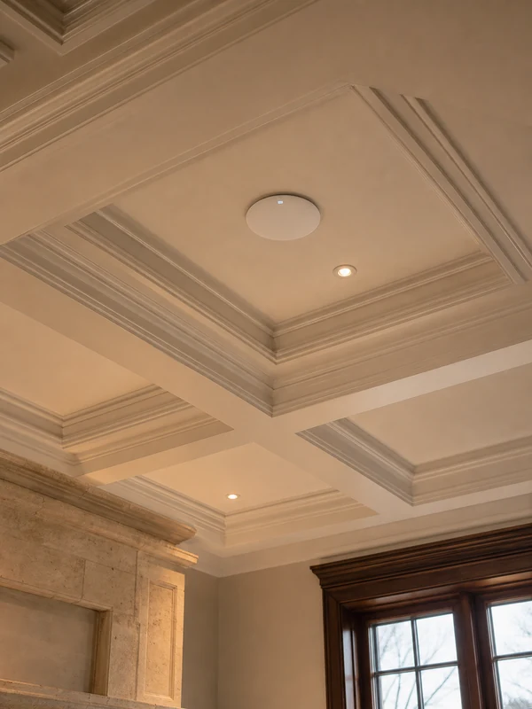 Ceiling-mounted UniFi Wi-Fi access point flush against a coffered ceiling section in an Oakville lakeshore estate's great room, warm evening lighting and a partial view of an open kitchen in the background