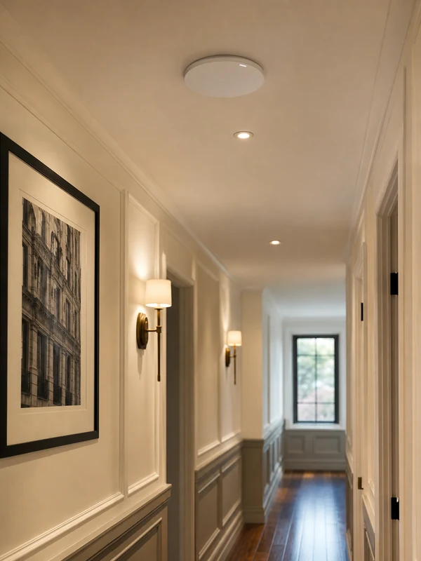 Ceiling-mounted UniFi Wi-Fi access point in a warm-lit residential hallway with millwork walls and a hardwood floor, soft natural light from a far window