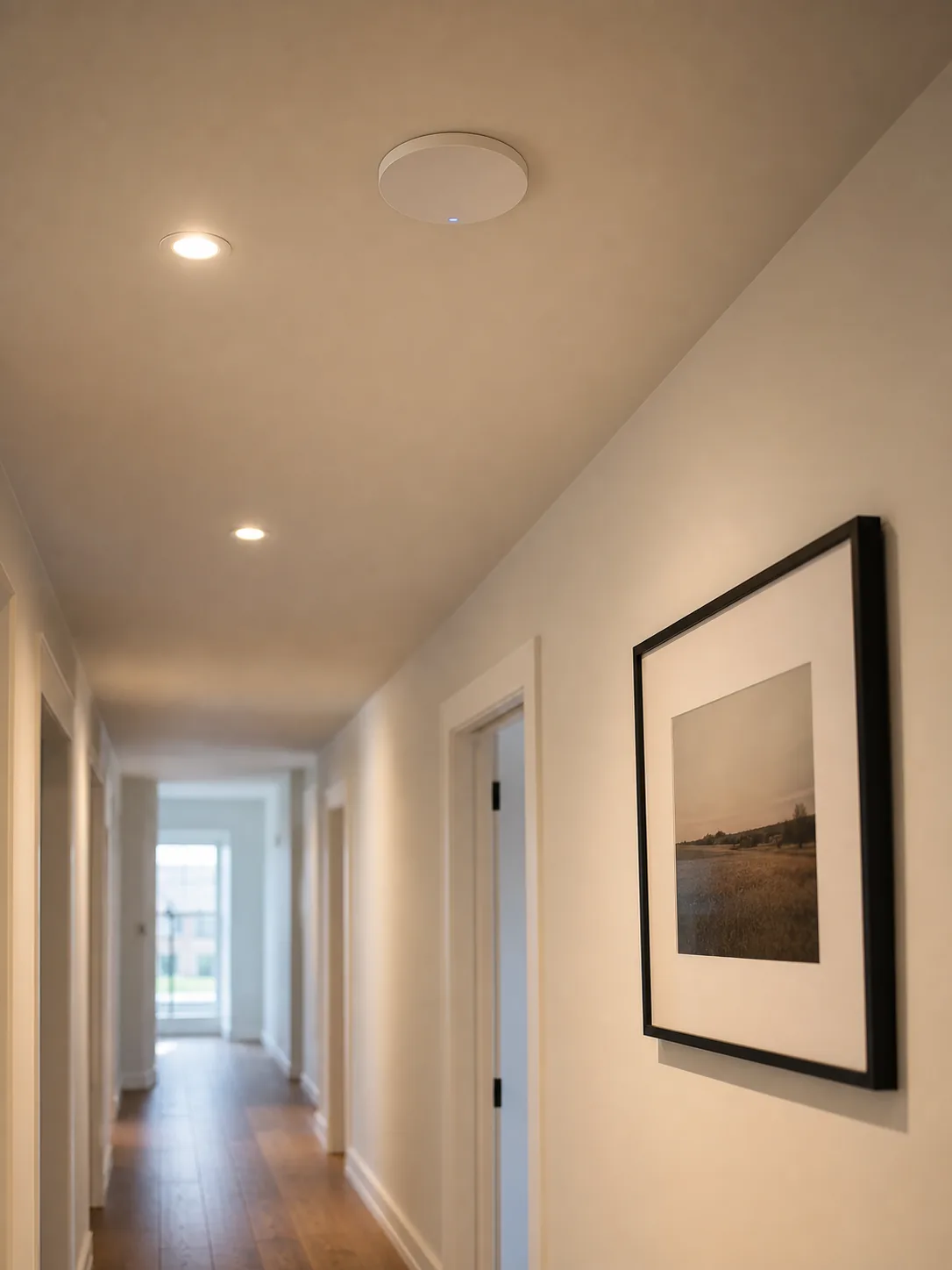 Flush ceiling-mounted Wi-Fi access point in an upstairs hallway of a Vaughan home with warm pot lighting and painted millwork