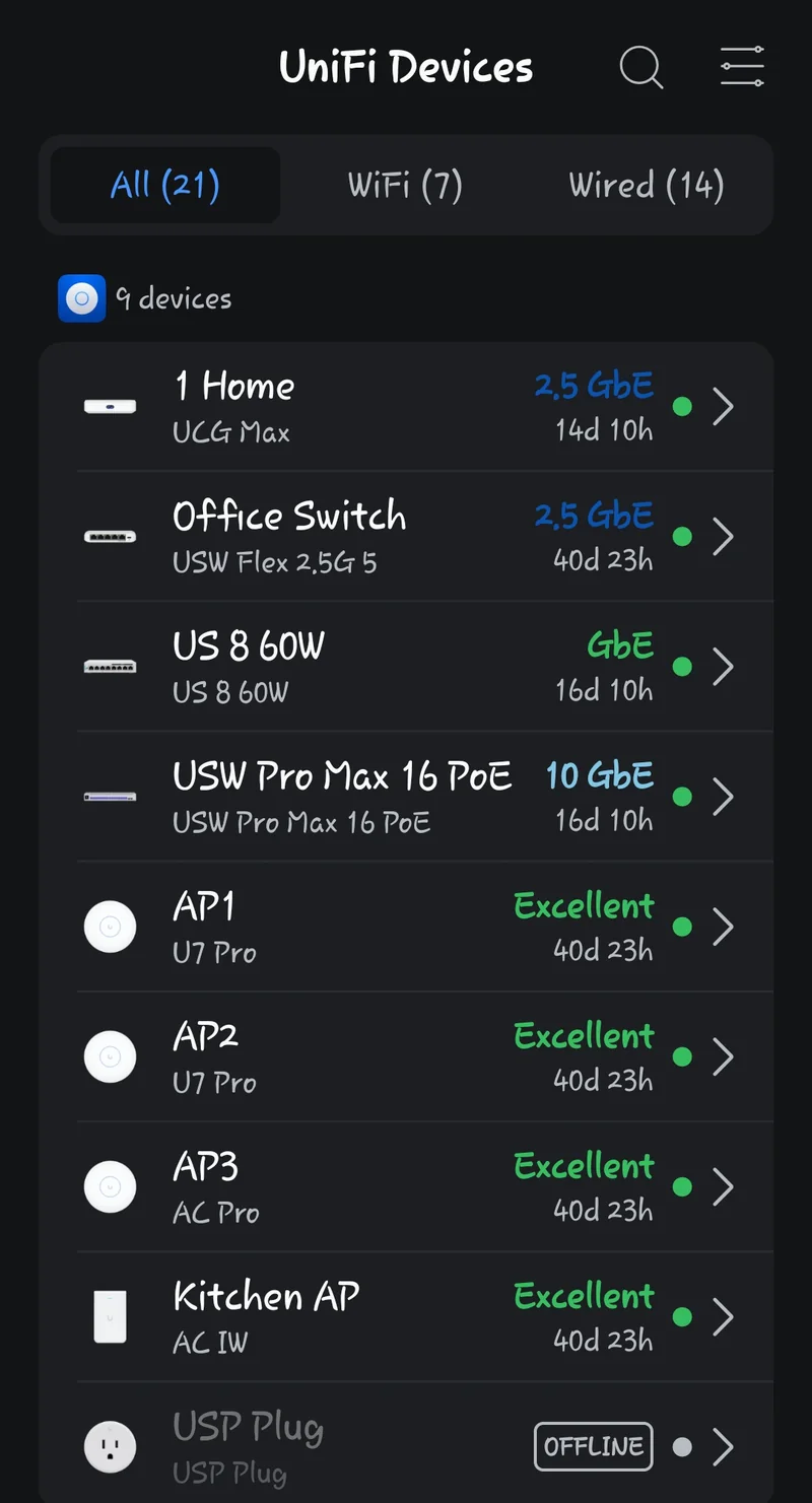 UniFi app device list mixing Wi-Fi 7 and older UniFi access points and switches, with one device showing offline