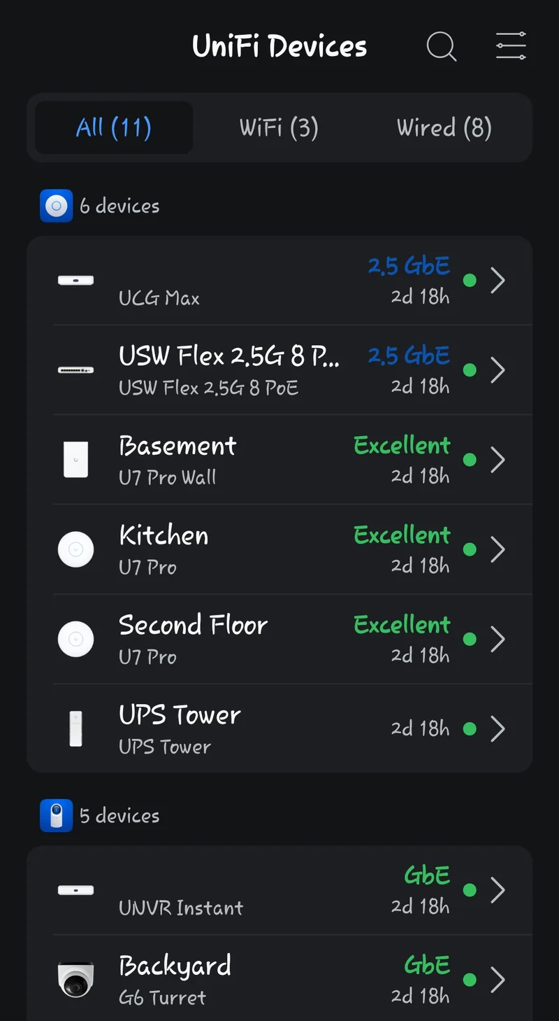 UniFi app device list after a finished install: Cloud Gateway Max, Flex 2.5G PoE switch, U7 Pro and U7 Pro Wall access points, UNVR Instant and G6 Turret, all online