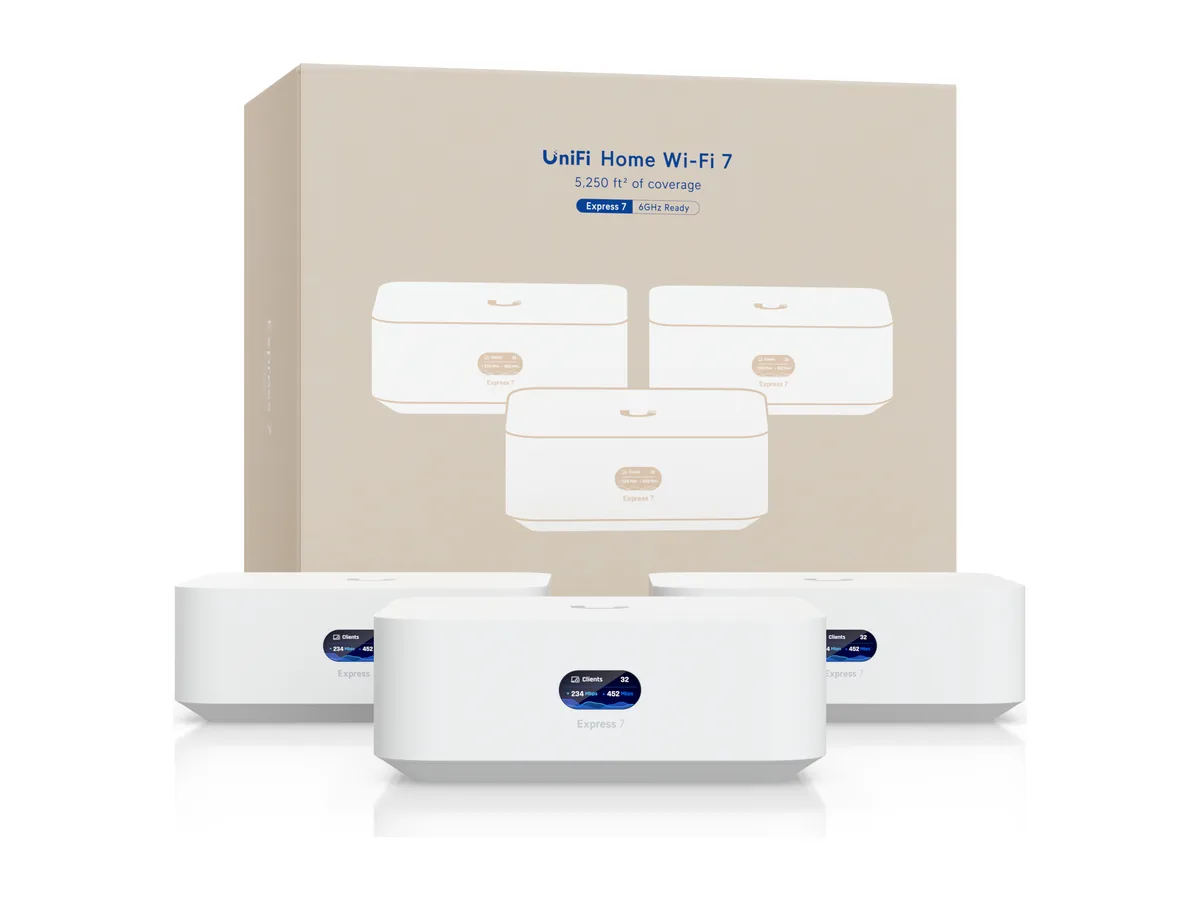 UniFi Home Wi-Fi 7 kit with three UniFi Express 7 units and retail box