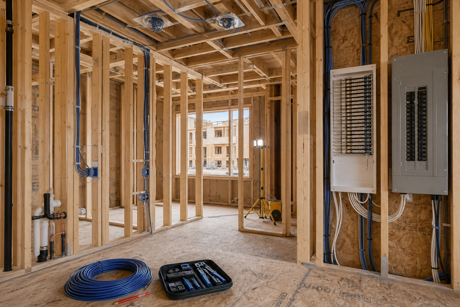 Pre-drywall framing of a Bayview Northeast / 2C secondary plan area Aurora stacked-town and condo phase with Cat6 home-runs stapled to studs, AP back-boxes set, and a developer-coordinated structured-wiring chase routed before drywall closes