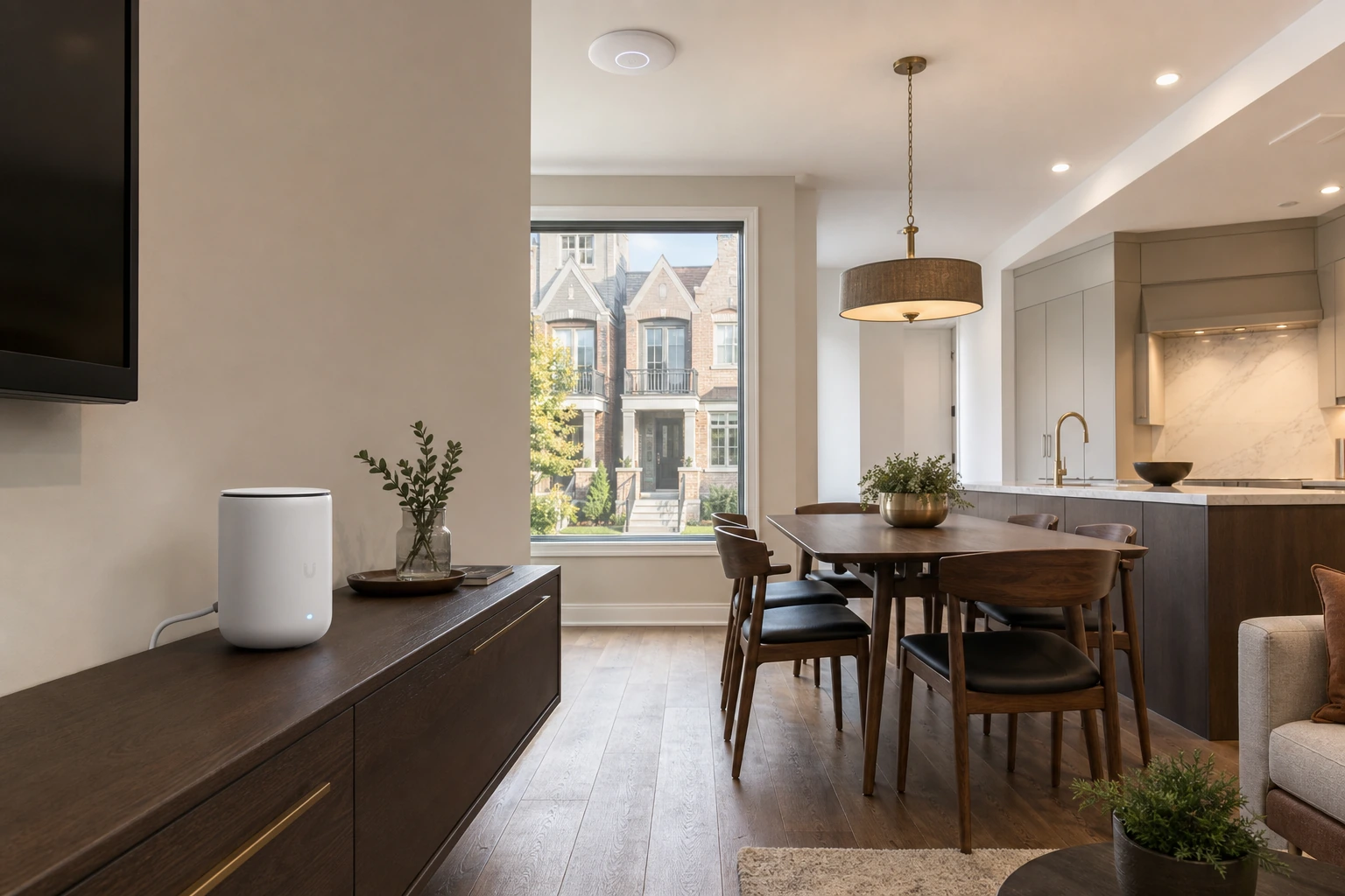 A UniFi Dream Router 7 and a single U7 Pro ceiling access point installed in a Bayview Wellington Aurora stacked townhome along the Bayview Avenue and Wellington Street corridor, replacing a Bell-supplied gateway