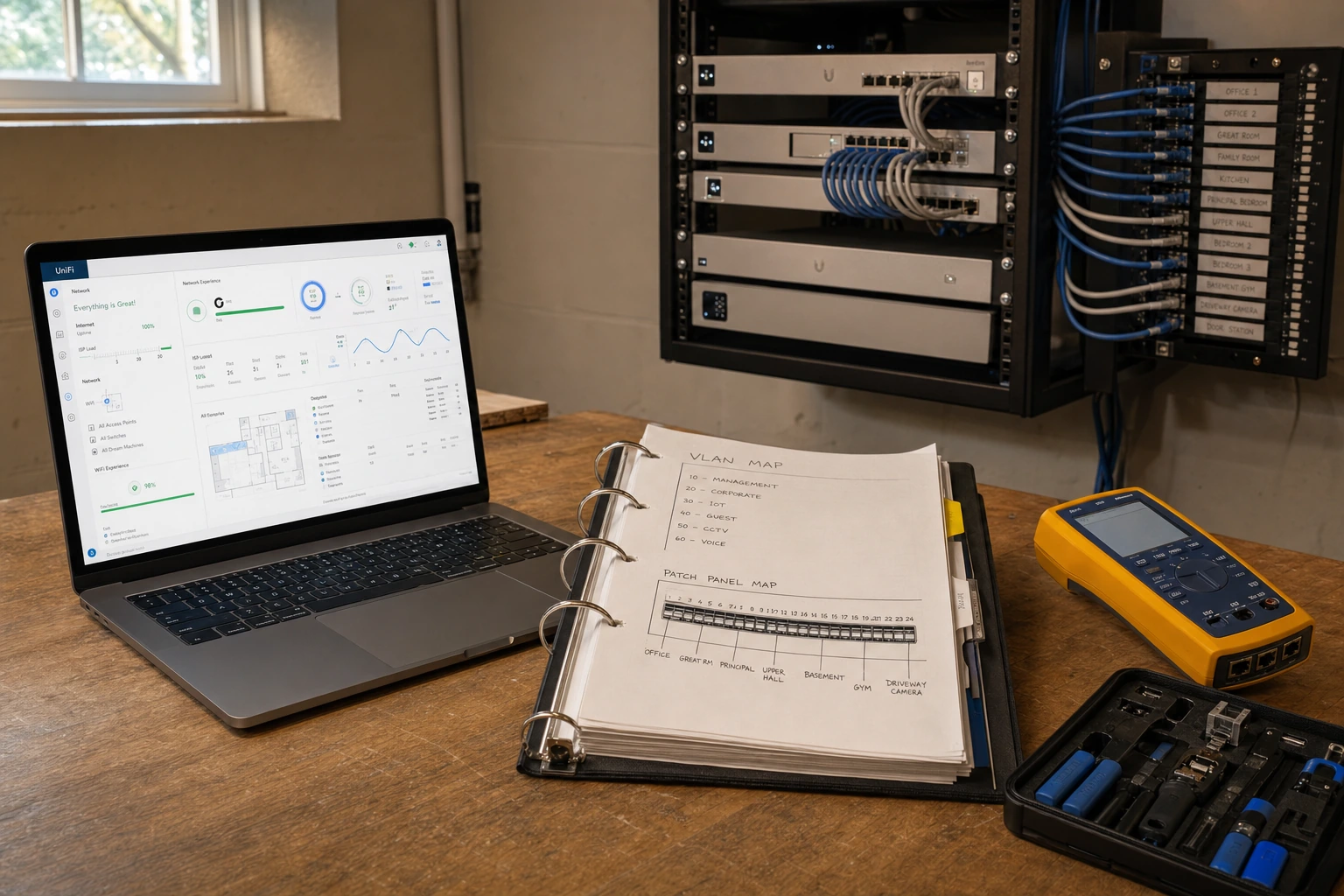 A UniFi controller dashboard on a laptop next to a labelled 12U wall-mount rack and a printed handoff binder, documenting VLAN configuration and access point placement for a Hills of St. Andrew Aurora Georgian estate detached home