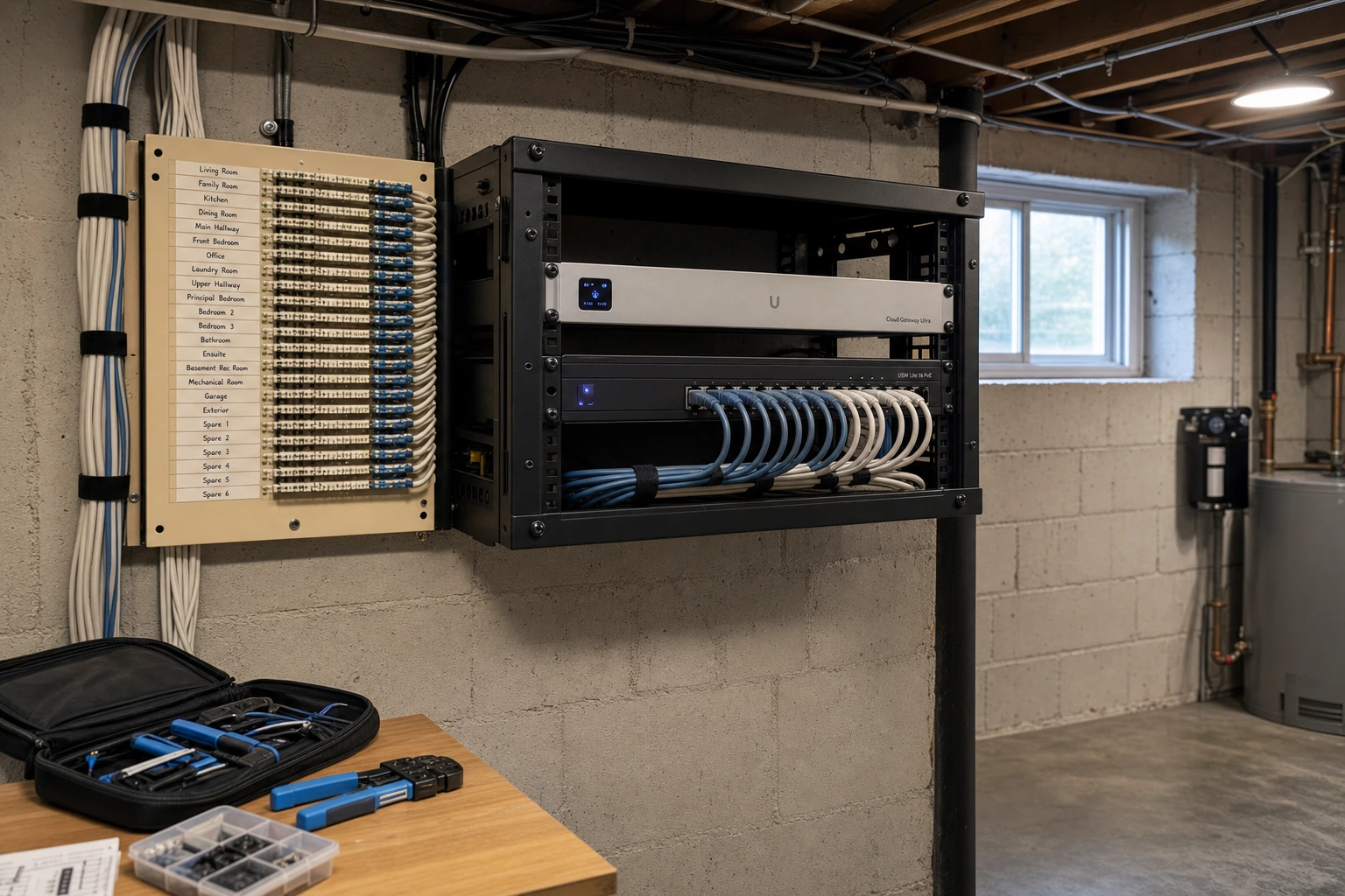 A UniFi Cloud Gateway Ultra and a USW-Lite-16-PoE switch installed in a basement utility room of an Aurora Heights two-storey detached home alongside an existing structured-wiring panel, with Cat6 home-runs to four U7 Pro access points